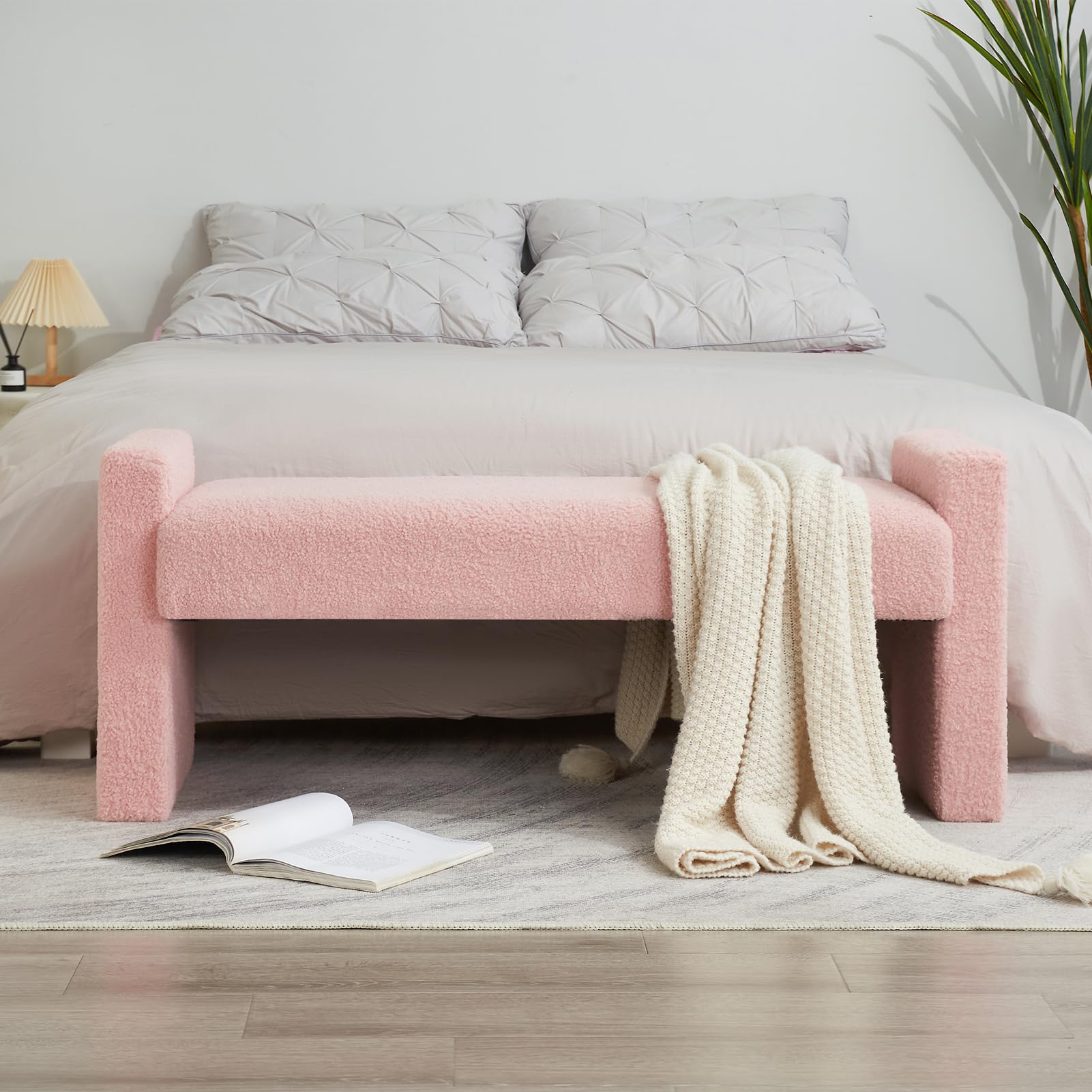 MAXYOYO 47.2 Inch Upholstered Fabric Bed Bench - Modern Pink Bedroom Bench for End of Bed, Foot of Bed, or Entryway Seating