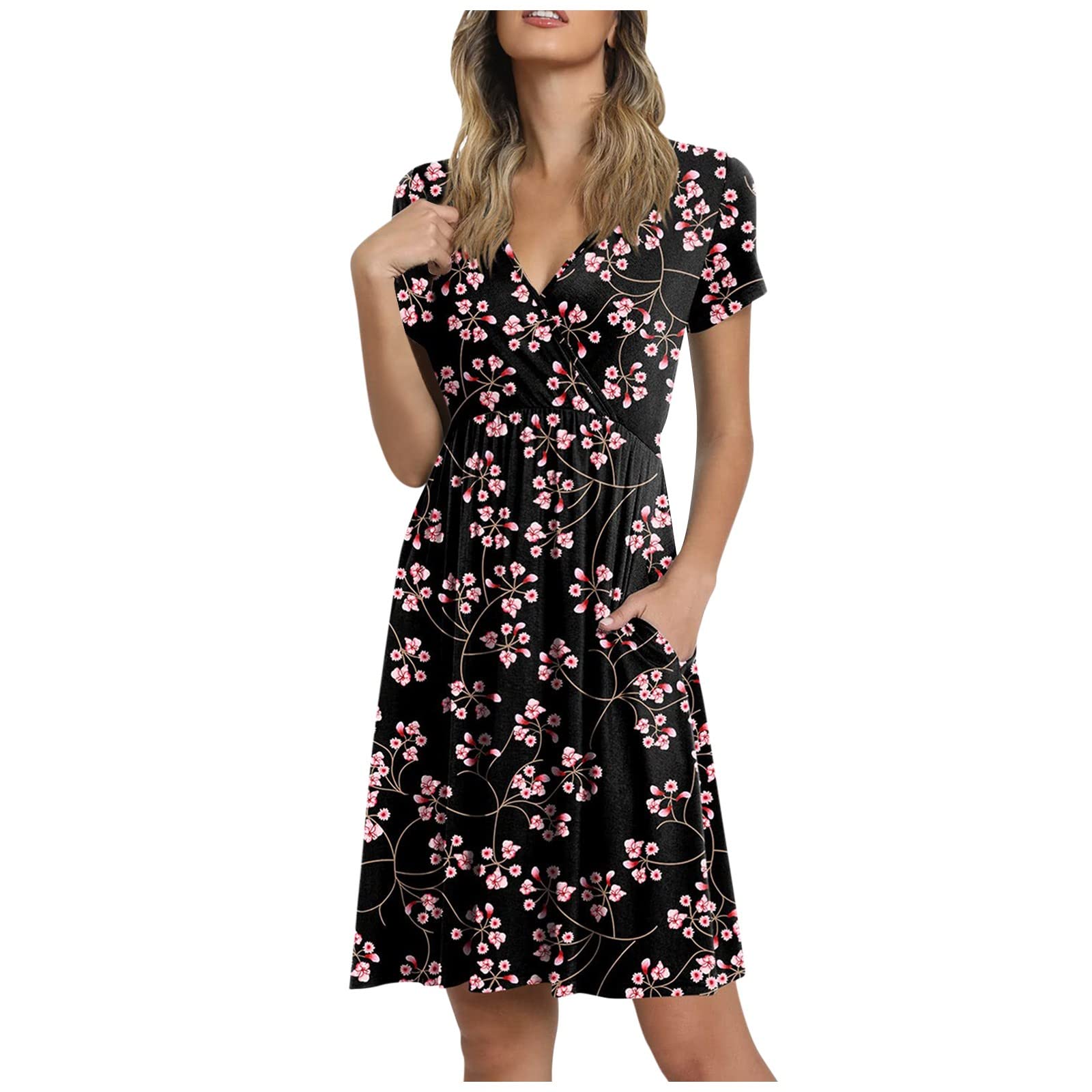 Elegant Women's Summer Casual V-Neck Short Sleeve Dress - Breathable Loose Fit Solid Color Guest Wedding Dress (Size 8) - Perfect for Bridal Showers, Garden Parties & Mother of the Bride Outfits