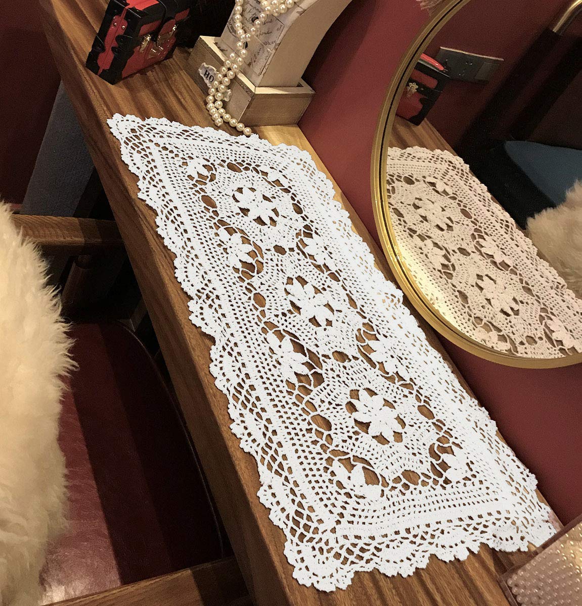 Handmade White Crochet Cotton Table Runner - 16x28 Inch Lace Doily Rectangular Dresser Scarf for Dining Table, Coffee Table & Home Decor
