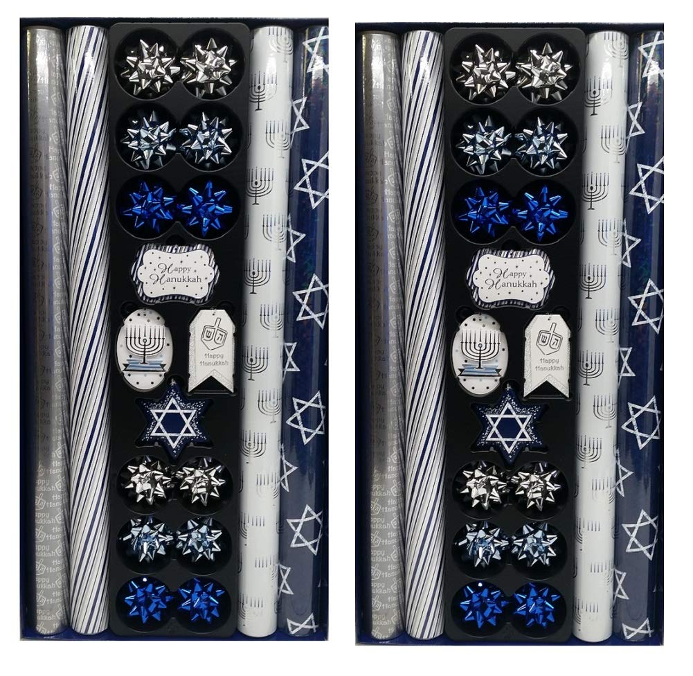 Tom Smith Hanukkah Gift Wrap Set - 2 Rolls with 12 Matching Tags & Bows for Holiday Presents | Perfect for Hanukkah Gifts, Christmas Presents & Party Favors