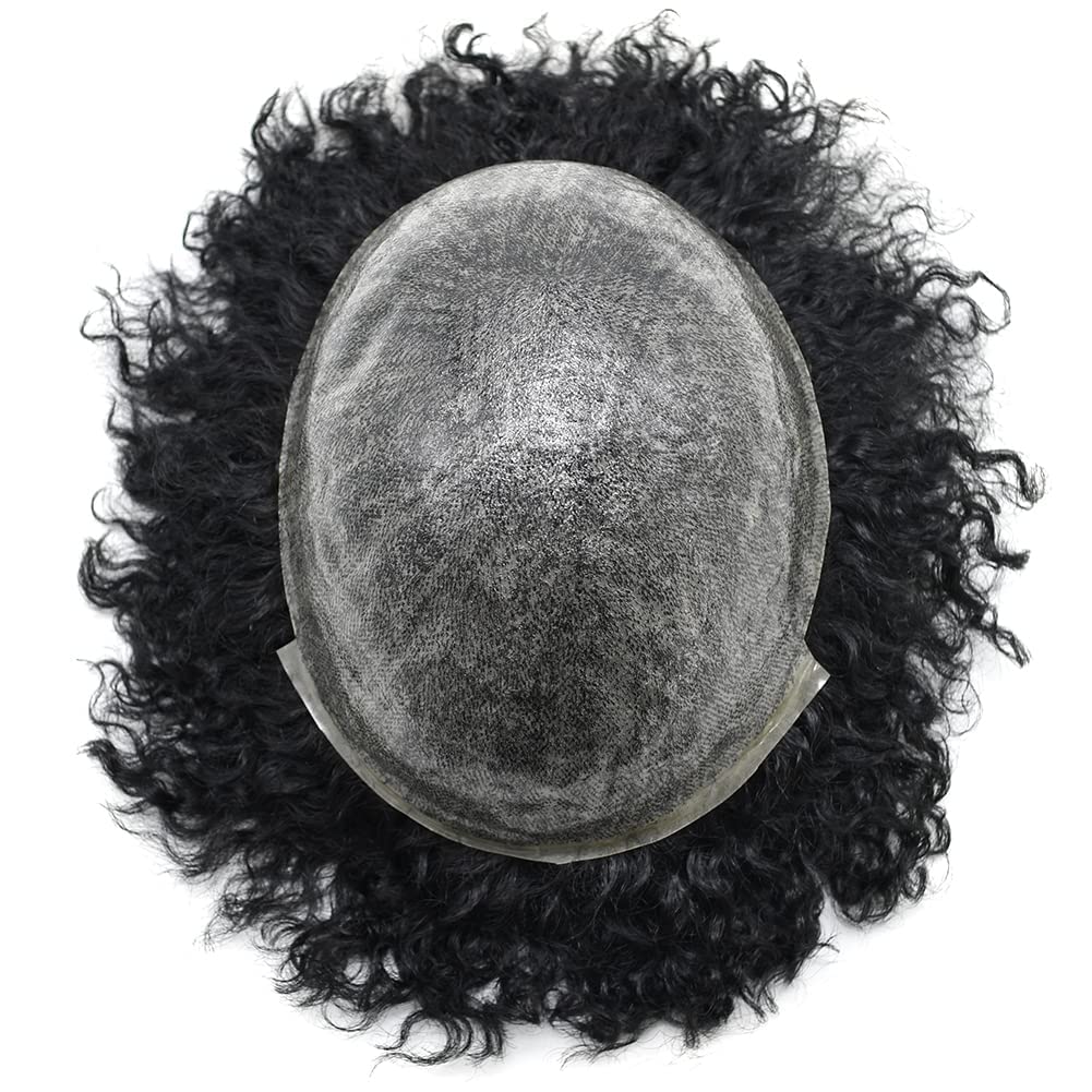 Afro Toupee for Black Men - 6mm Thin Skin Injected PU Kinky Curly Human Hair Replacement System - #1 Jet Black Full Polly Wave Wig - African American Hairpiece for Daily Wear & Special Occasions