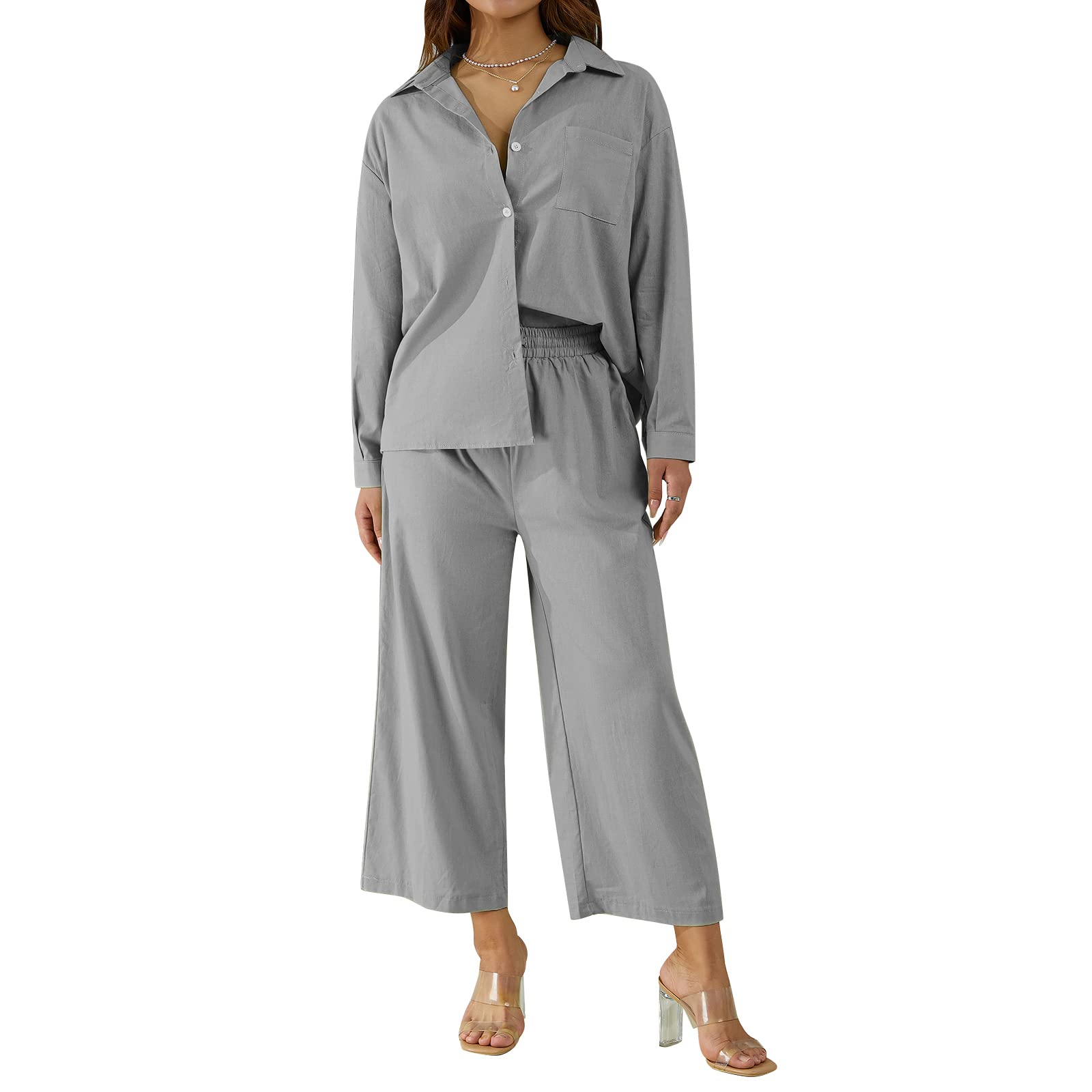 Women's 2-Piece Linen Outfit Set - Long Sleeve Button Down Shirt & Loose Capri Pants | Casual Summer Beachwear, Vacation Outfits, Boho Chic Style