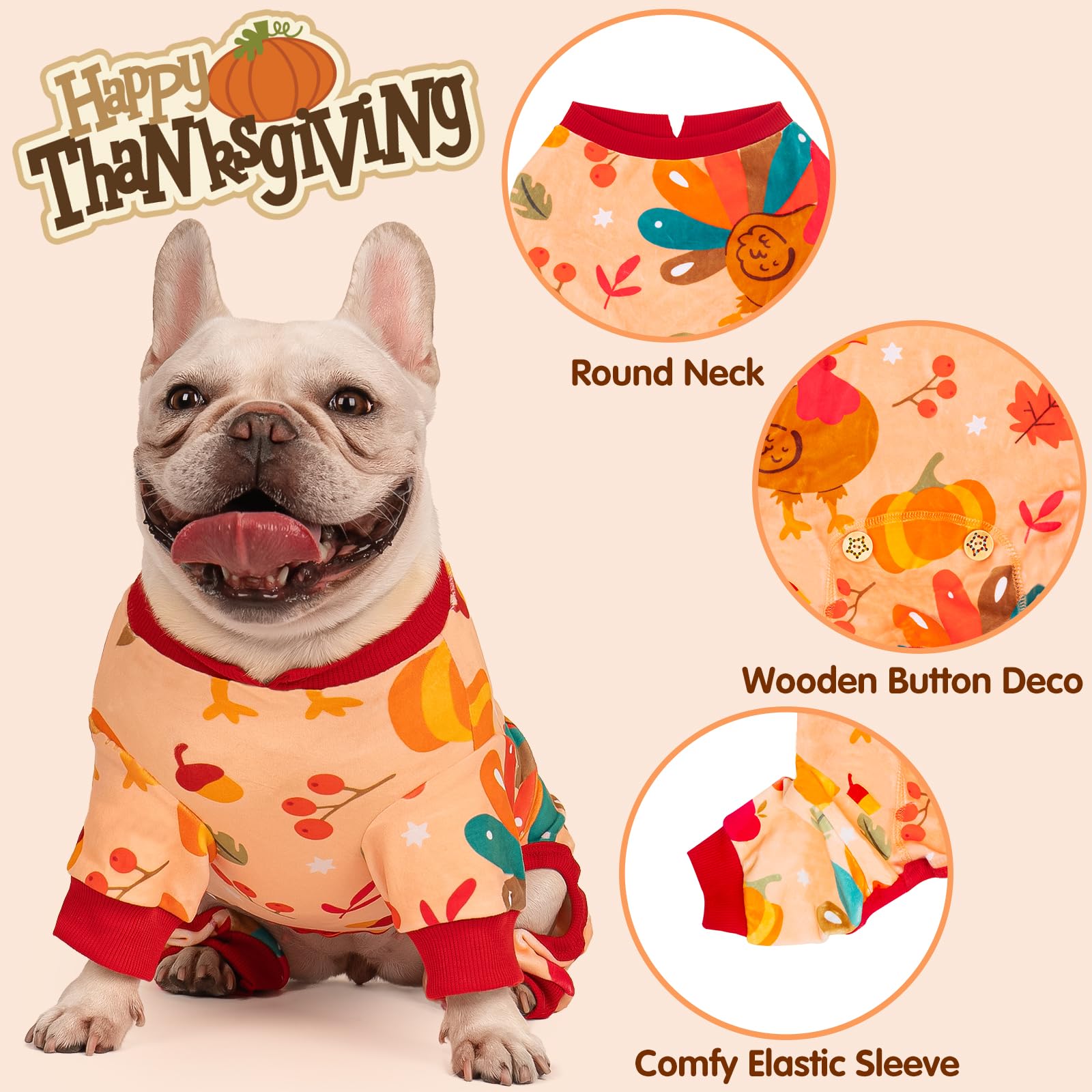 KYEESE Thanksgiving Dog Pajamas - Soft & Stretchable Turkey Print Velvet Onesie for Small & Medium Dogs | Cozy Dog Pjs, Apparel & Clothes for Holiday Family Gatherings & Indoor Lounging
