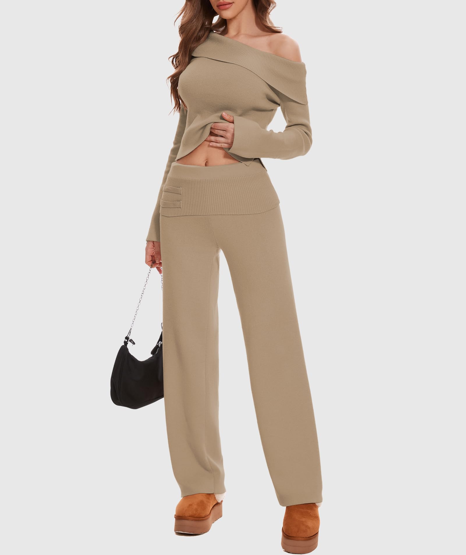 Women's 2-Piece Lounge Set - Off Shoulder Cropped Sweater & Wide Leg Pants Knit Outfit | Y2K Casual Wear for Home, Travel & Street Style