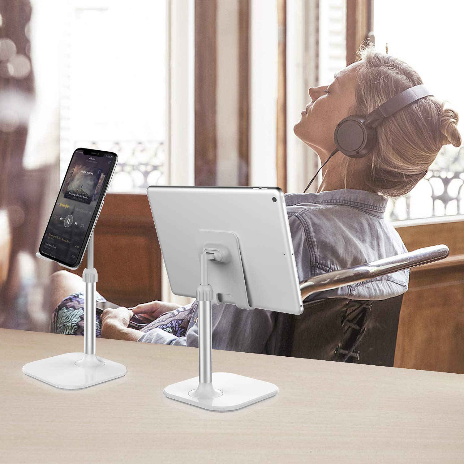 Doboli Adjustable Phone Stand for Desk - Universal Smartphone & Tablet Holder Compatible with iPhone, Samsung, iPad - Perfect Christmas Gift for Women, Men, Mom, Wife (White) - Ideal for Office, Home, Kitchen & Video Watching