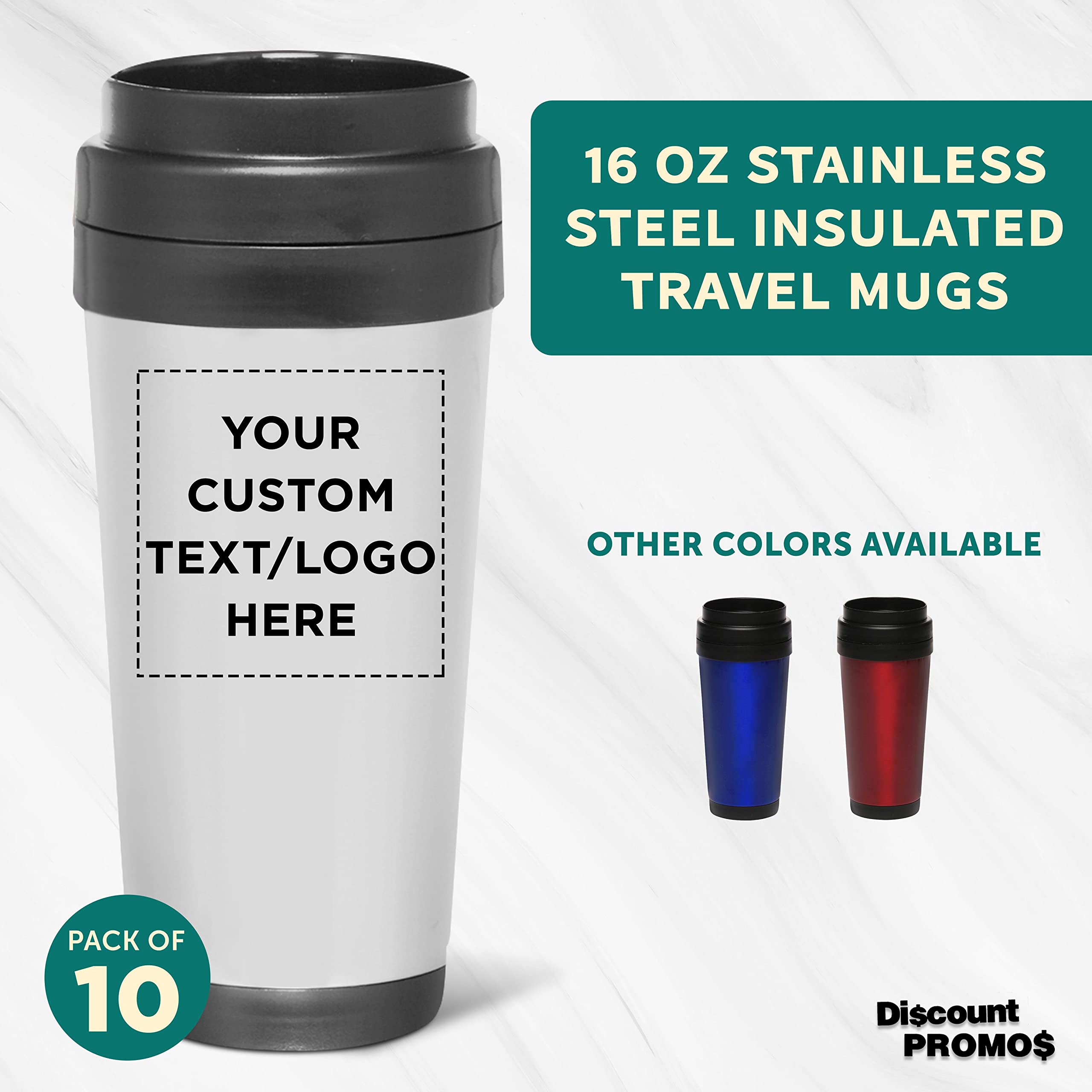 Custom Insulated Stainless Steel Travel Mugs 16 oz (Set of 10) - Personalized Bulk Coffee Cups for Hot & Cold Beverages - BPA-Free Vacuum Insulated Tumbler for Iced Coffee, Tea, Soda - Perfect for Office, Camping, Travel & Gifts