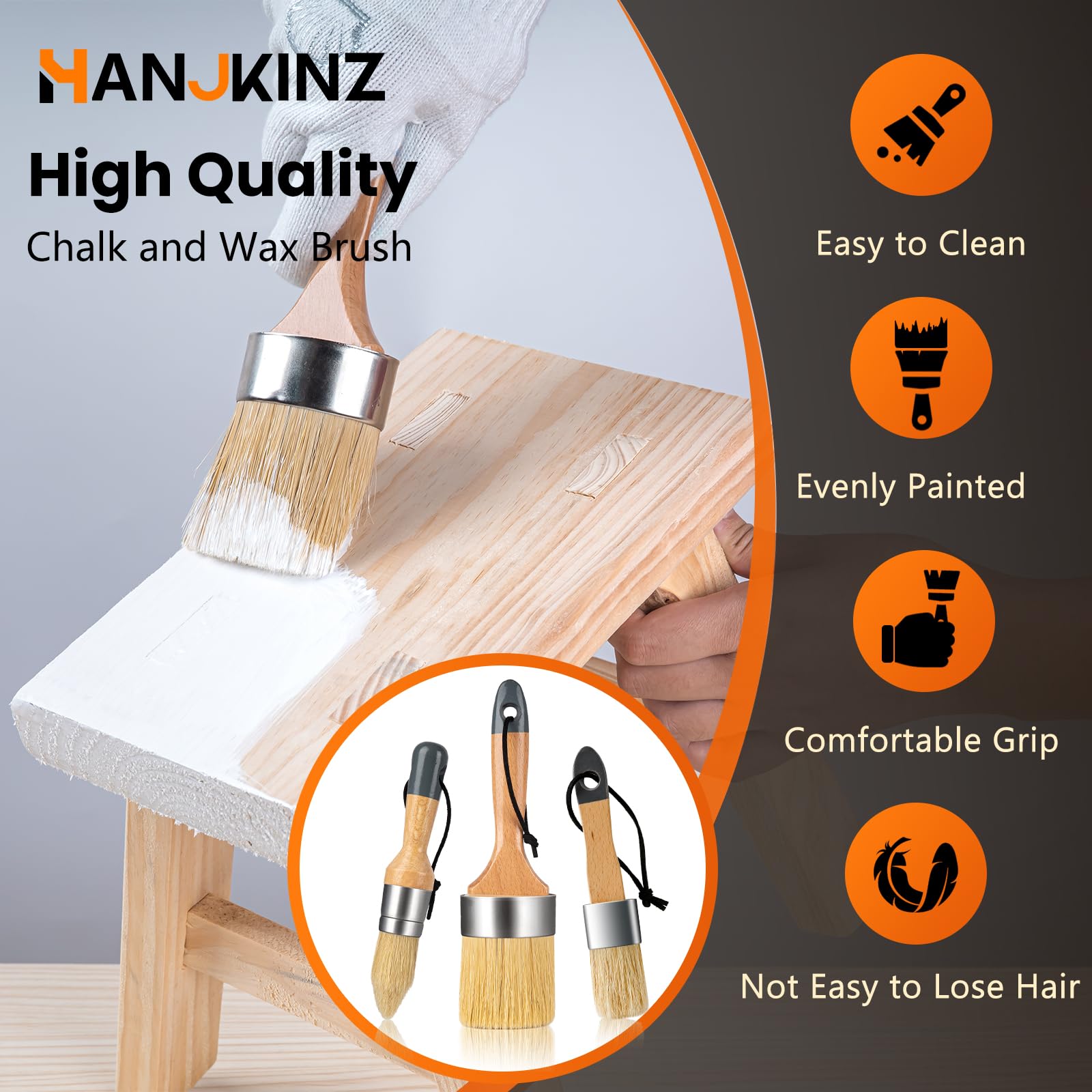 3-Piece Natural Bristle Chalk & Wax Paint Brush Set for Furniture, Milk Paint, Stenciling - Perfect for DIY Home Decor, Cabinets, Woodworking & Craft Projects