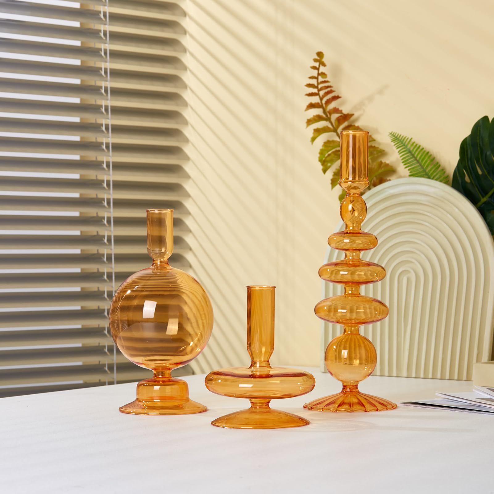 Modern Glass Taper Candle Holders - Elegant Table Centerpiece for Weddings, Dinner Parties & Home Decor - Orange Candlestick Stands for Romantic Ambiance & Holiday Celebrations