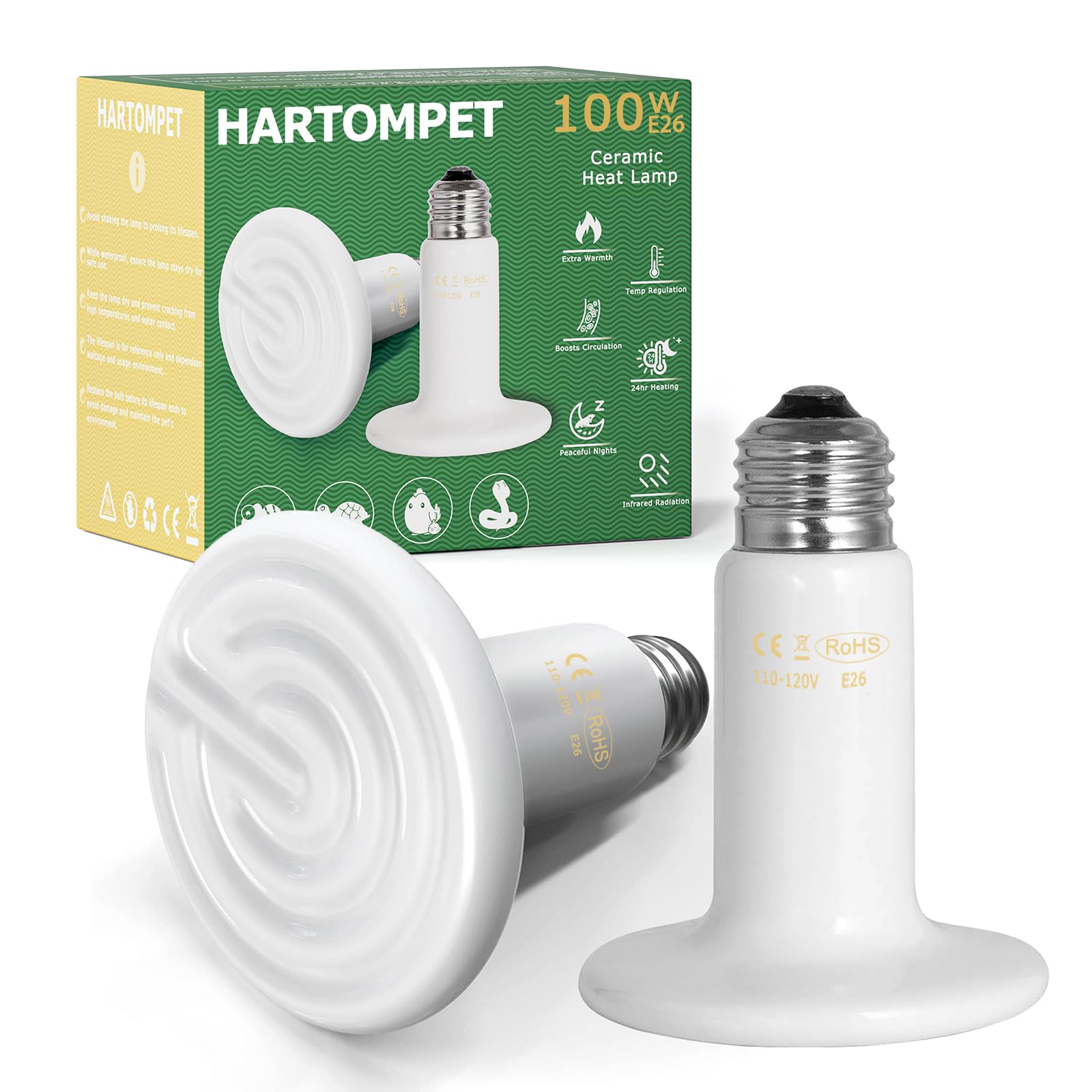 100W Ceramic Heat Emitter Bulb - White Infrared Reptile Heat Lamp for Lizards, Turtles, Dogs & Cats - No Light Heating for Terrariums, Brooder Coops & Pet Enclosures - Perfect for Nighttime Use & Winter Warmth
