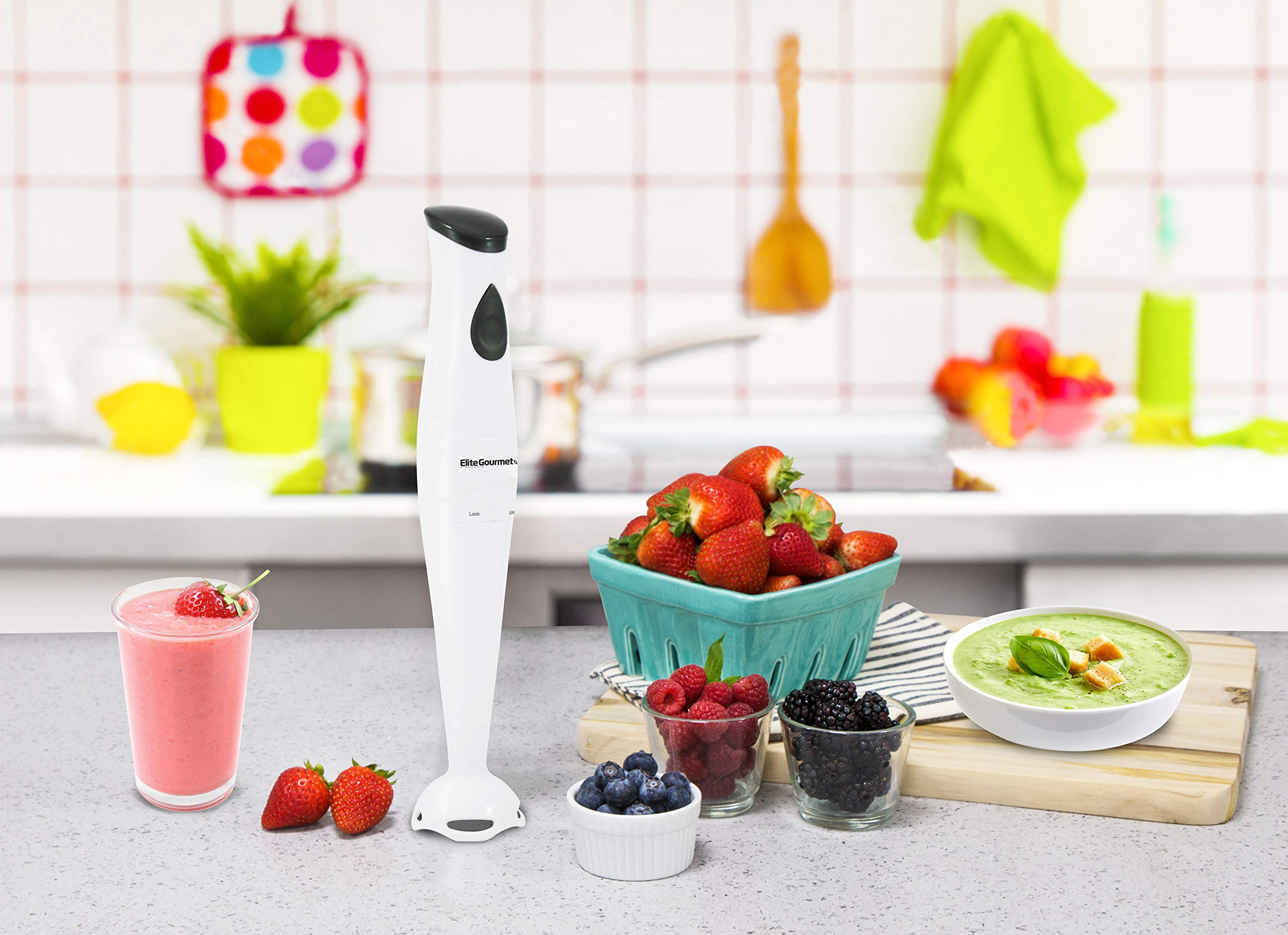Elite Gourmet EHB-2425X 150W Electric Hand Blender Stick - Immersion Mixer & Food Chopper with One-Touch Control - Perfect for Soups, Sauces, Baby Food & Smoothies - White Kitchen Appliance for Home Cooking & Meal Prep