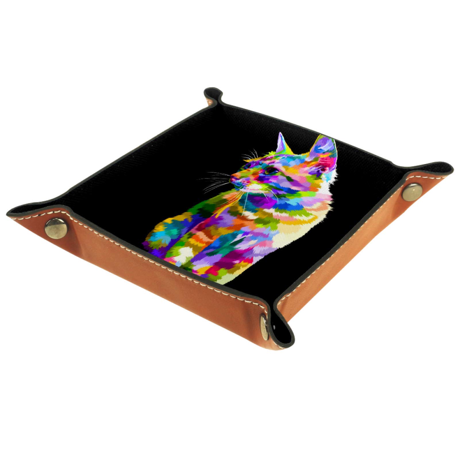 Colorful Cat Print Decorative Storage Box & Leather Valet Tray - Multi-Purpose Organizer for Keys, Phone, Coins, Wallet & Watches | Perfect for Home, Office & Gift Giving
