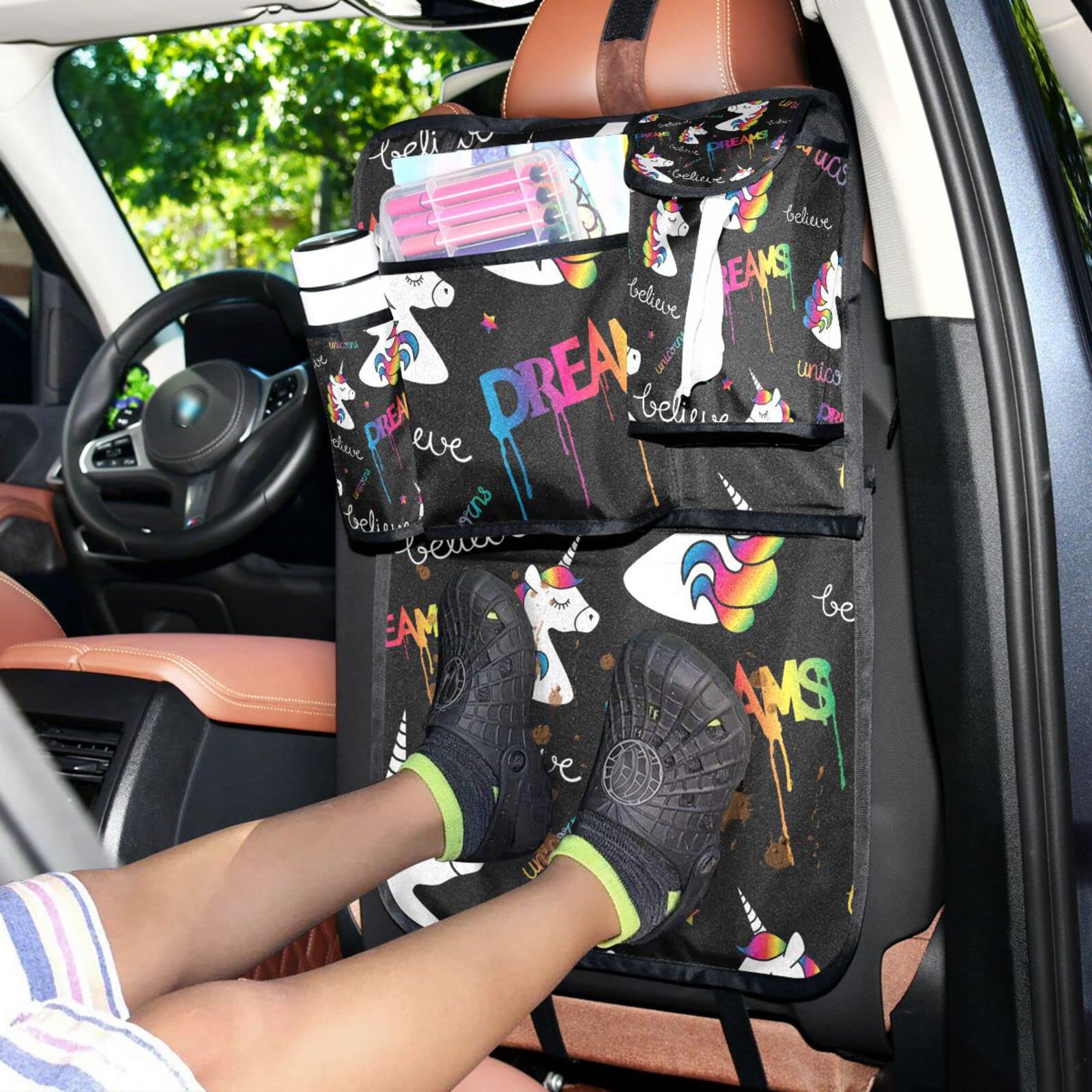 CHSIN Unicorn Backseat Car Organizer with Tissue Box - 4 Oxford Fabric Storage Pockets, Seat Back Protector & Kick Mat for Kids & Toddlers (1 Pack) - Perfect for Road Trips, School Commutes & Family Travel