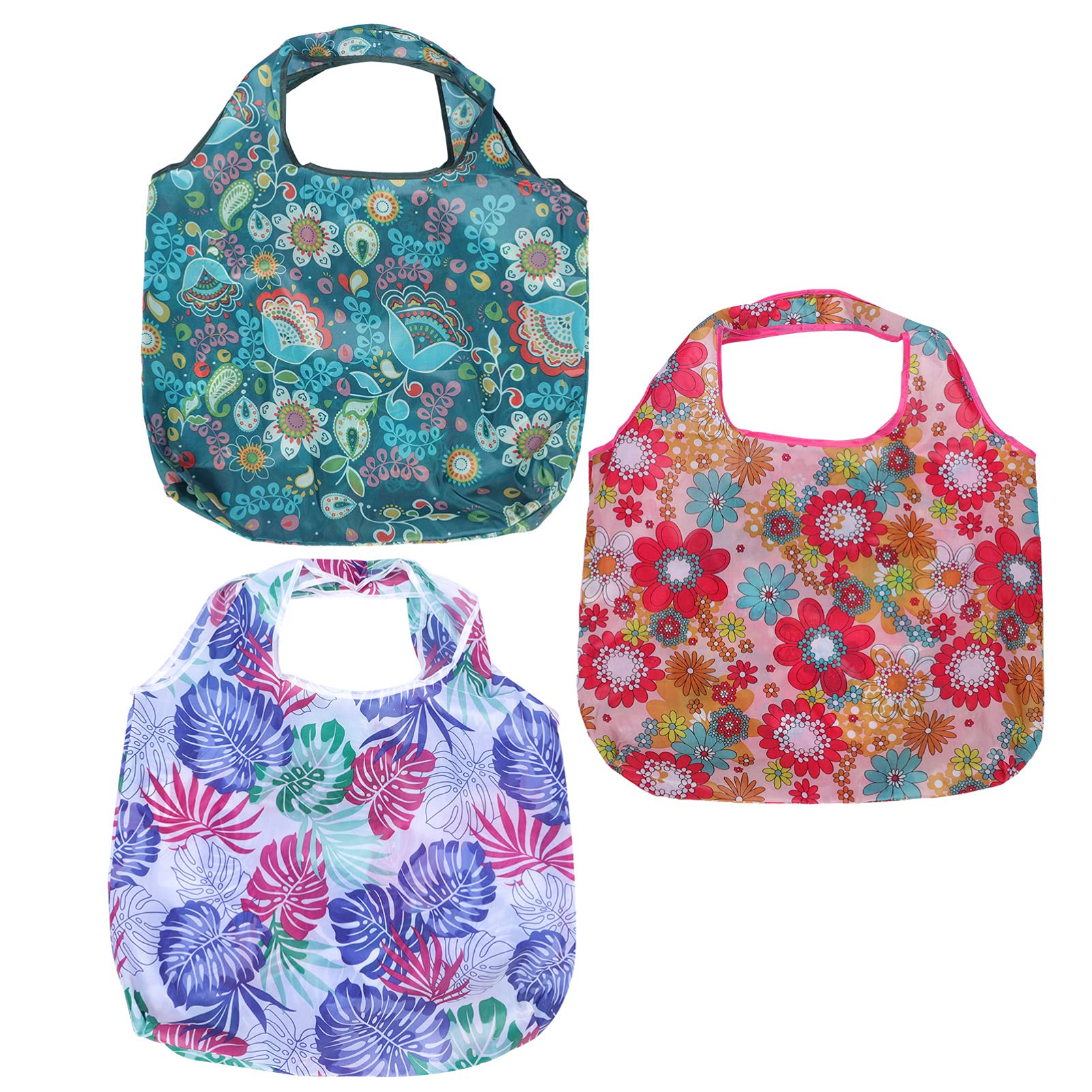 Cabilock 3-Pack Reusable Grocery Tote Bags - Eco-Friendly Flower Print Polyester Shopping Bags, Washable & Foldable for Groceries, Clothes, Fruits & Vegetables | Perfect for Grocery Shopping, Farmers Market & Daily Errands