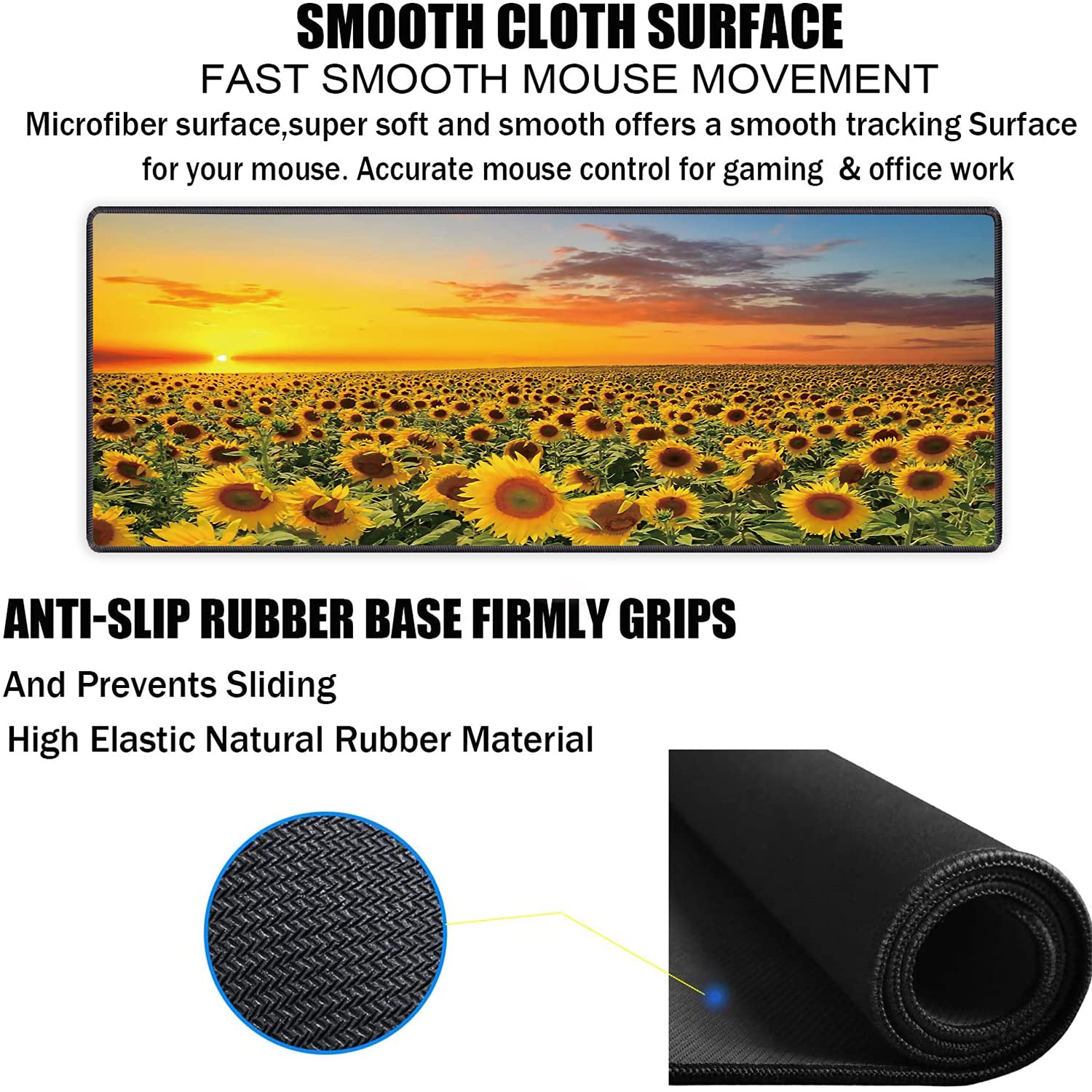 Extra Large Gaming Mouse Pad with Non-Slip Rubber Base - XXL Extended Keyboard Mouse Mat for PC, Laptop, Office & Study - Includes Free Cup Coaster - Sunflower Design for Gamers & Professionals (Perfect for Esports, Work & Home Office Setup)