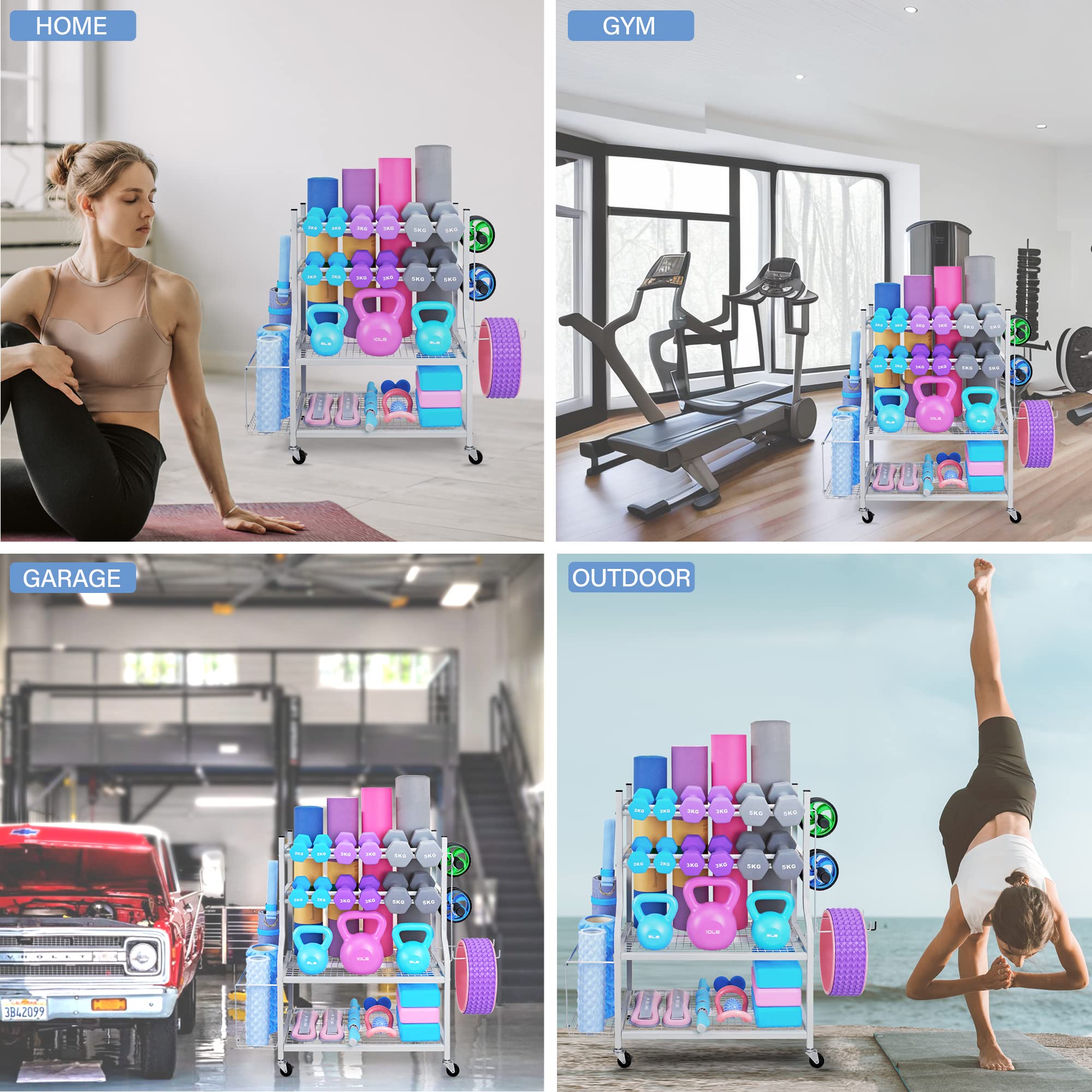 Heavy Duty Dumbbell Rack & Yoga Mat Storage Organizer - All-in-One Home Gym Equipment Stand for Dumbbells, Kettlebells & Yoga Mats with Locking Caster Wheels - Perfect for Garage Gym, Home Workout & Fitness Studio Organization
