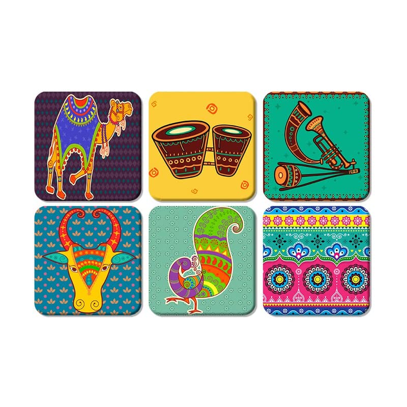 Shri Kanth Art Indian Culture Set of 6 Printed Coasters - 4x4 Inch MDF Square Coasters for Tea, Coffee & Water Glasses - Perfect for Home Decor, Kitchen & Dining Table Protection