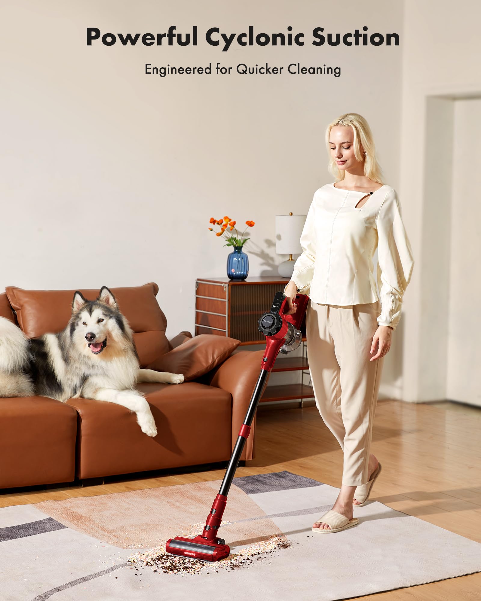 8-in-1 Cordless Vacuum Cleaner with 45min Runtime - Powerful Suction Rechargeable Stick Vacuum for Carpet, Tile, Hardwood Floors & Pet Hair - Lightweight Red Vacuum for Home Cleaning & Car Detailing
