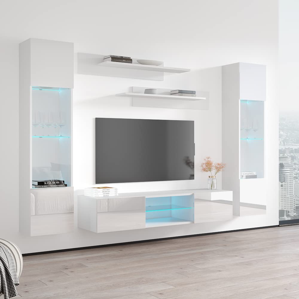 Modern Floating TV Stand with Storage Shelves & LED Lights - Wall-Mounted Entertainment Center Console for Bedroom & Living Room - Space-Saving TV Cabinet for Small Apartments & Home Theaters - White