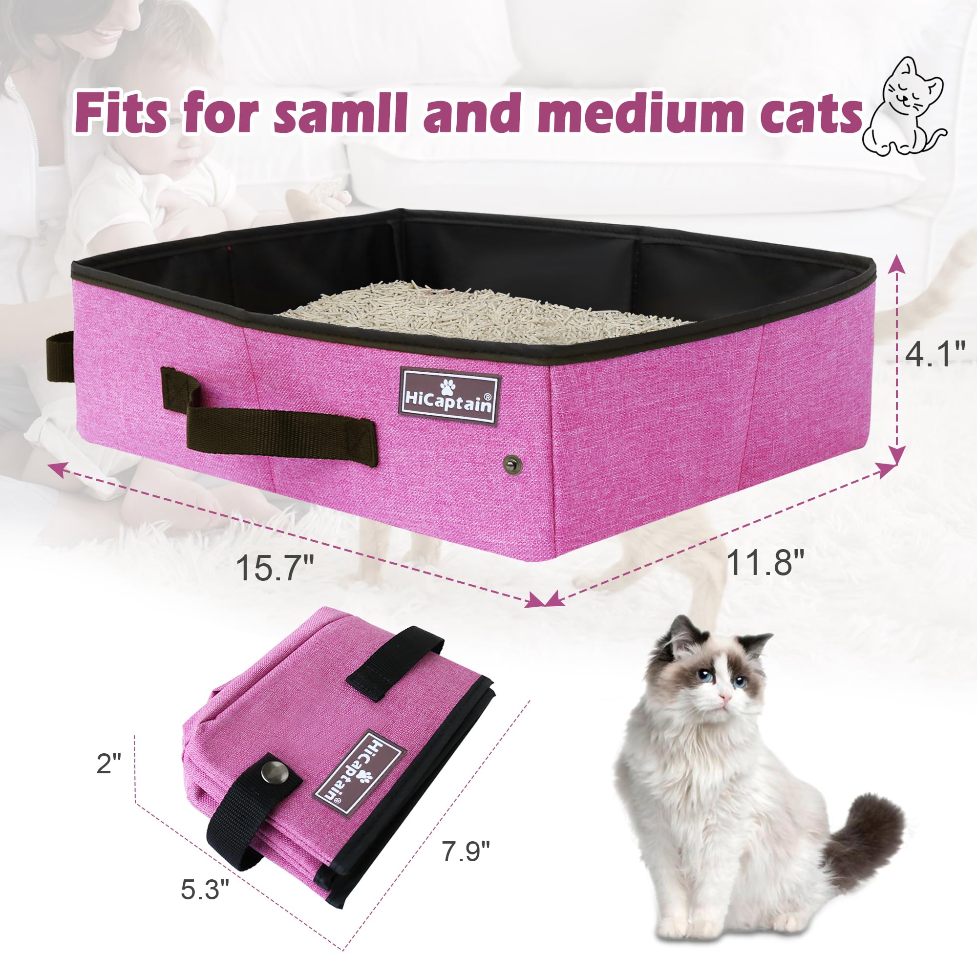 HiCaptain Portable & Collapsible Cat Litter Box for Travel - Leak-Proof, Sturdy & Lightweight Design - Perfect for Car Trips with Medium Cats & Kittens (Pink) - Ideal for Road Trips, Camping & Vet Visits