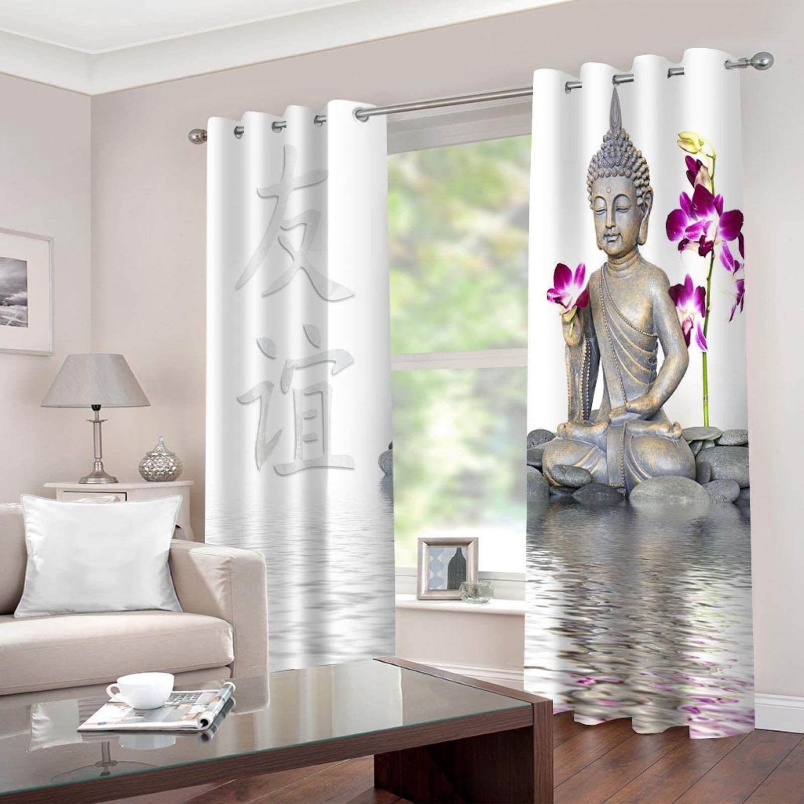 3D Printed Buddha Blackout Window Curtains - Thermal Insulated Grommet Panels (108