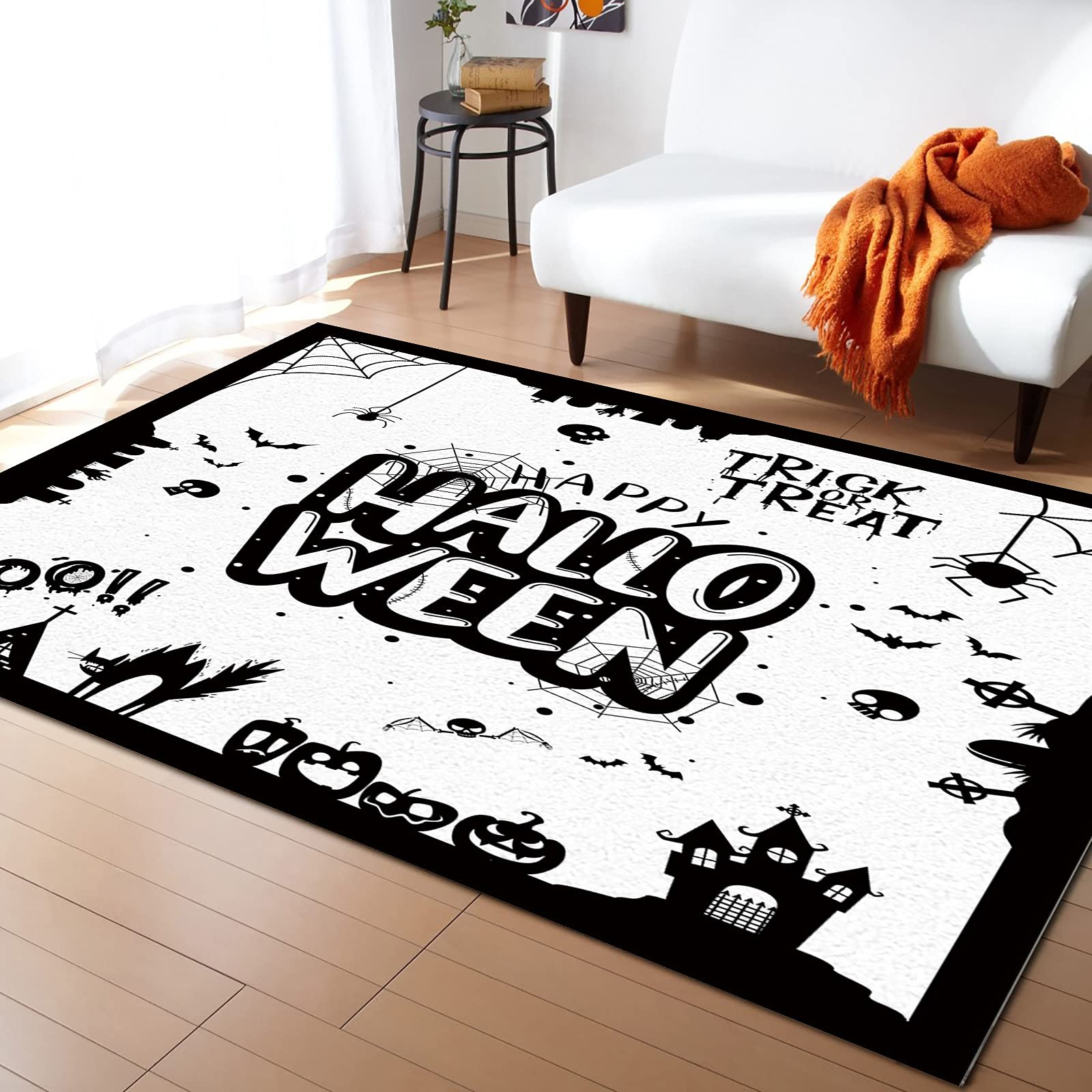 Halloween Trick or Treat Pumpkin Castle Cobweb Black Area Rug - 60x82 Inch Non-Slip Low Pile Runner Carpet for Dining Room, Entryway, Living Room & Bedroom - Perfect for Spooky Home Decor & Halloween Party Decorations