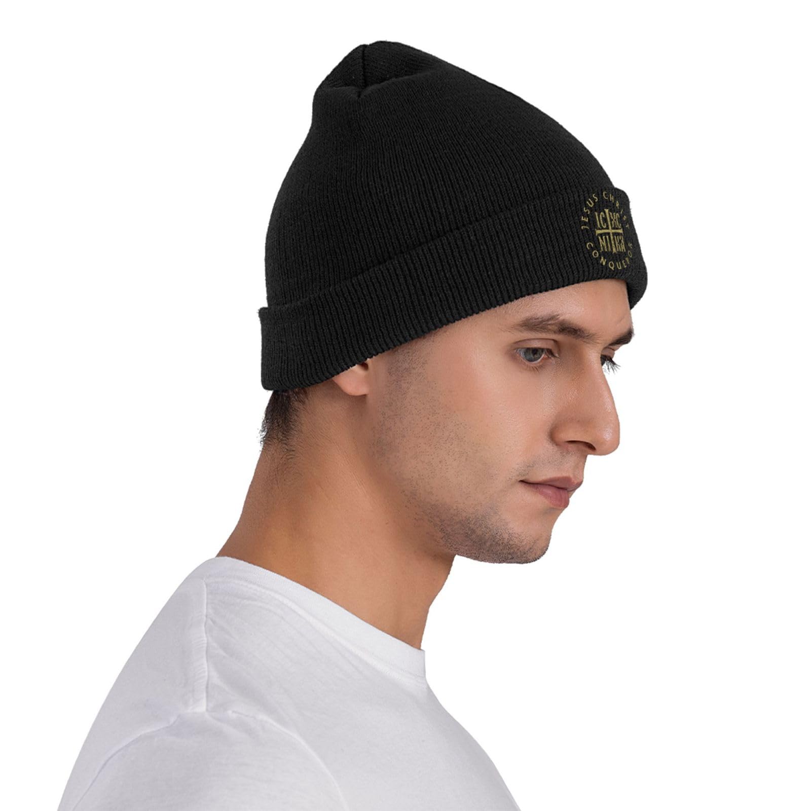 Orthodox Christian Jesus Christ Beanie Hat for Women & Men - Icxc Nika Cross Knit Skull Cap, Slouchy Winter Knitted Hat in Black - Perfect for Church, Prayer & Cold Weather