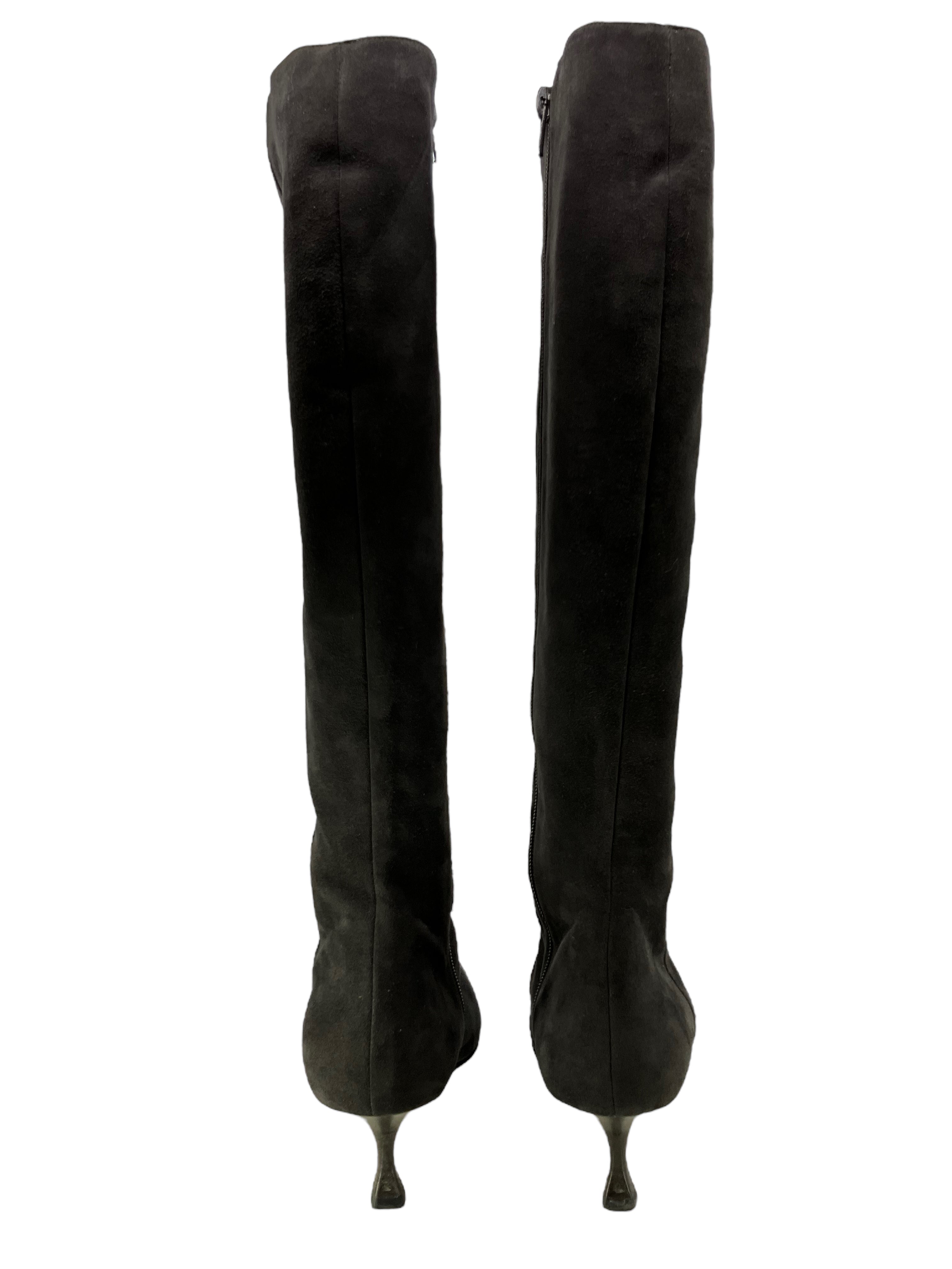 Manolo Blahnik Gray Suede Knee High Pointed Boots Women's Size 11 | Luxury High Heel Booties for Evening Wear & Winter Fashion