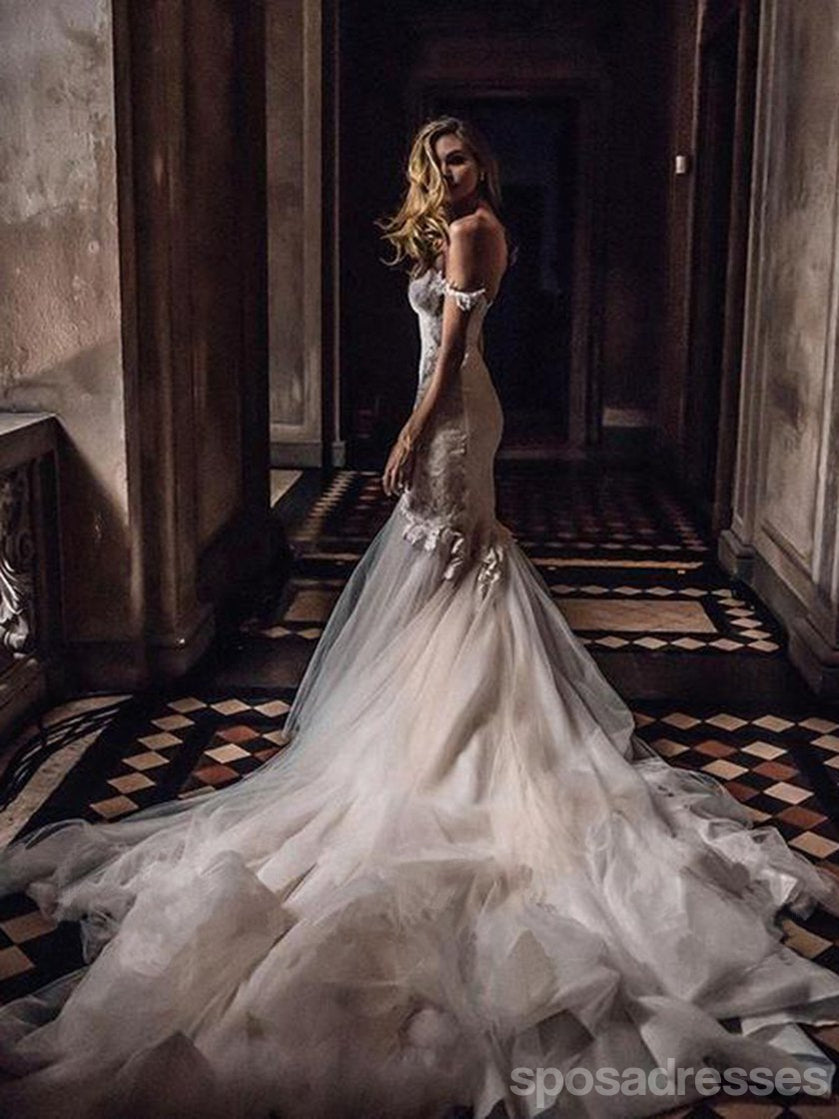 Elegant Long Mermaid Off-Shoulder Sleeveless V-Neck Lace Wedding Dress WD763 - Perfect for Beach Weddings, Vow Renewals & Romantic Photoshoots