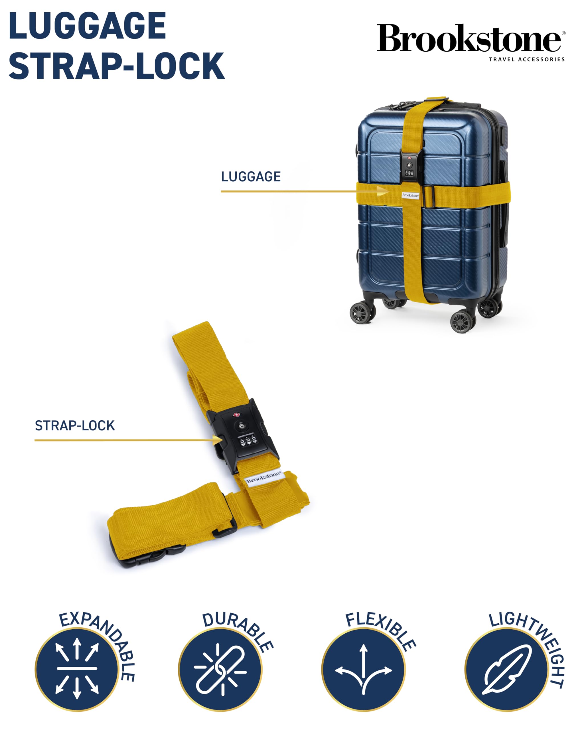 Brookstone 2-in-1 Cross Luggage Strap with TSA-Approved Keyless 3-Digit Lock - Secure Suitcase Belt with Adjustable Buckle in Lemon Yellow - Perfect for Air Travel, Cruise Trips and Vacation Packing