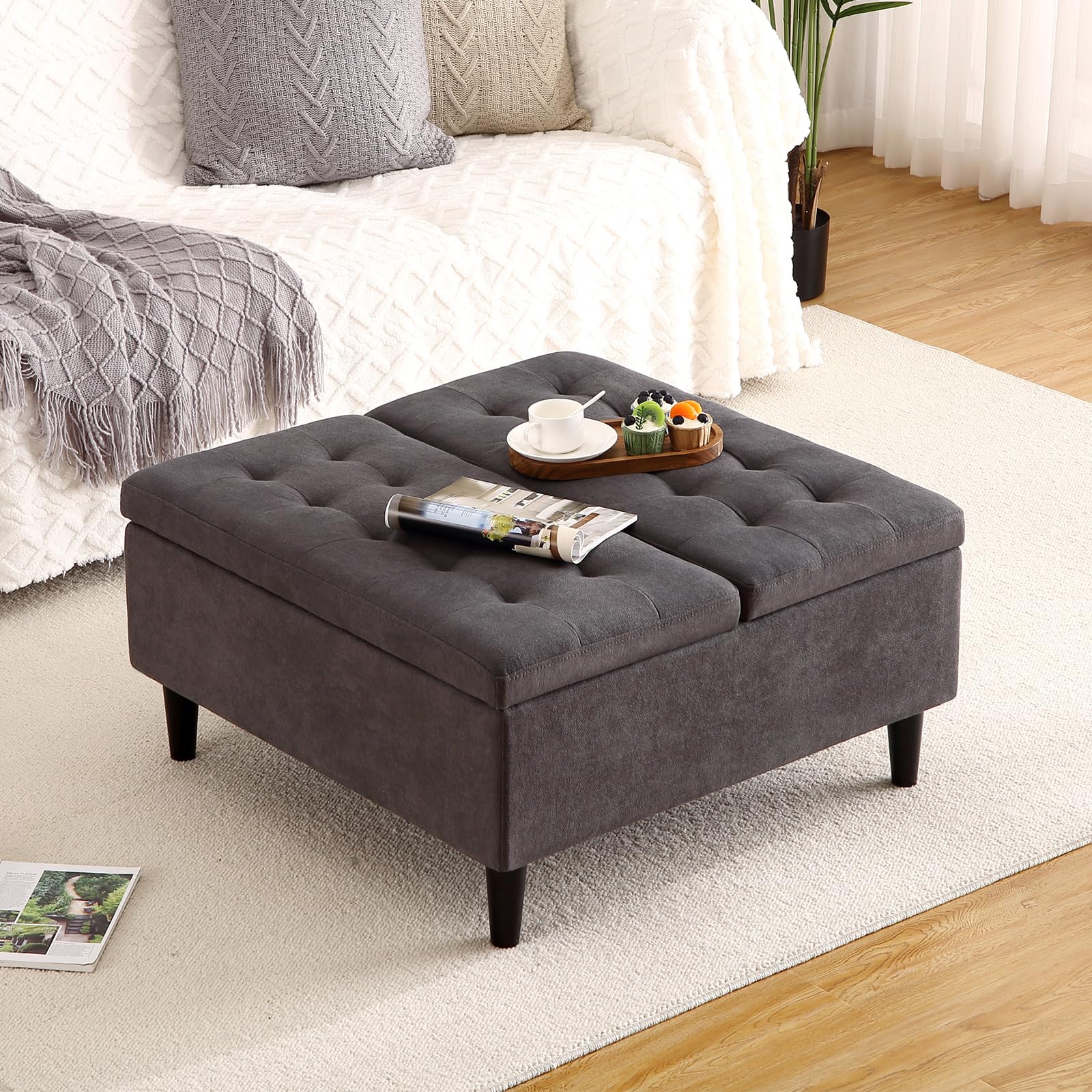 GARVEE 33 Inch Square Lift Top Storage Ottoman Coffee Table - Upholstered Tufted Design with Solid Wood Frame & Velvet Fabric - Perfect for Living Room, Lounge, and Home Decor