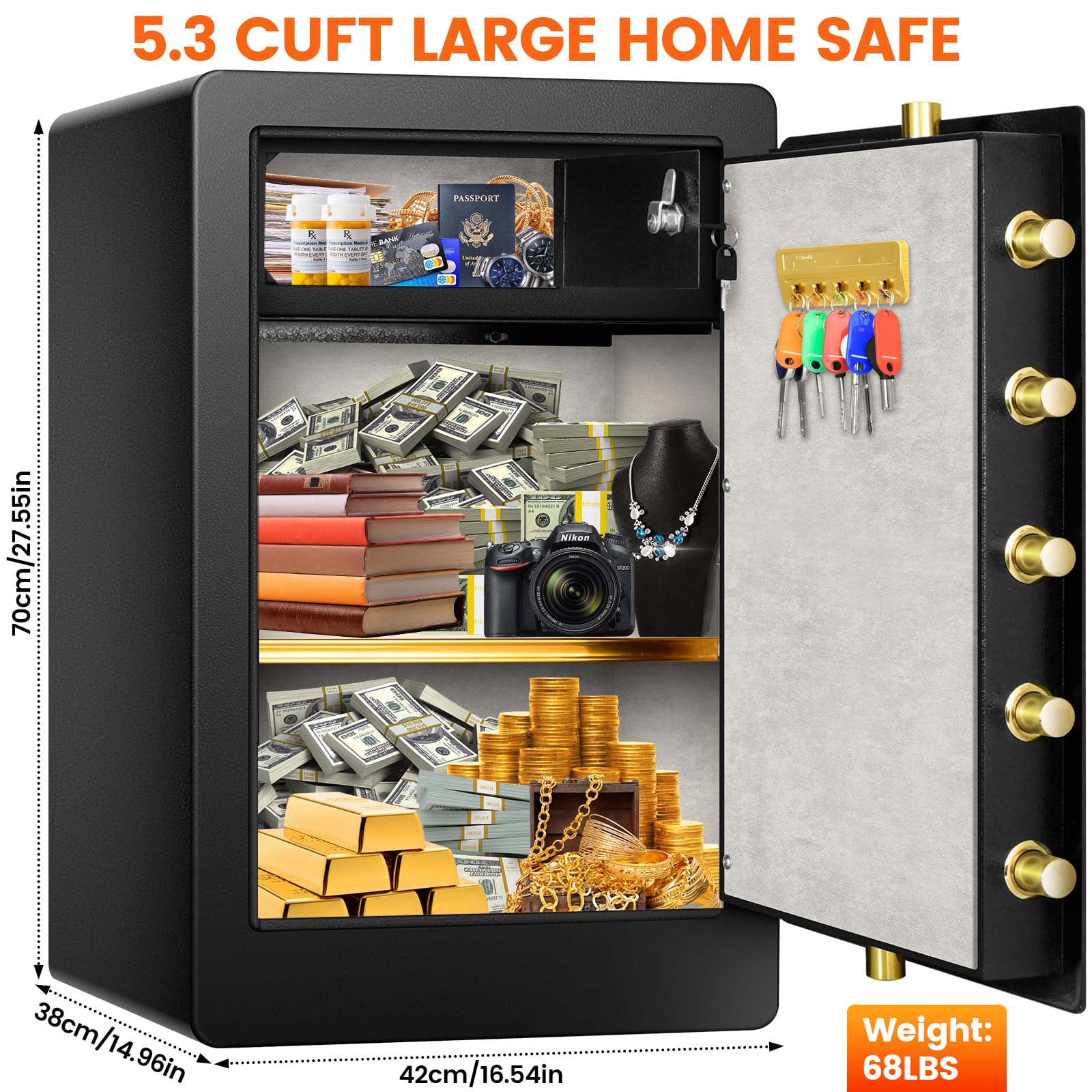 5.3 CuFt Fireproof Waterproof Digital Safe Box - Heavy Duty Home Security Safe with Programmable Keypad, Inner Lock Box & Fireproof Bag - Secure Documents, Firearms, Medicine & Valuables - Ideal for Home, Office & Business Use