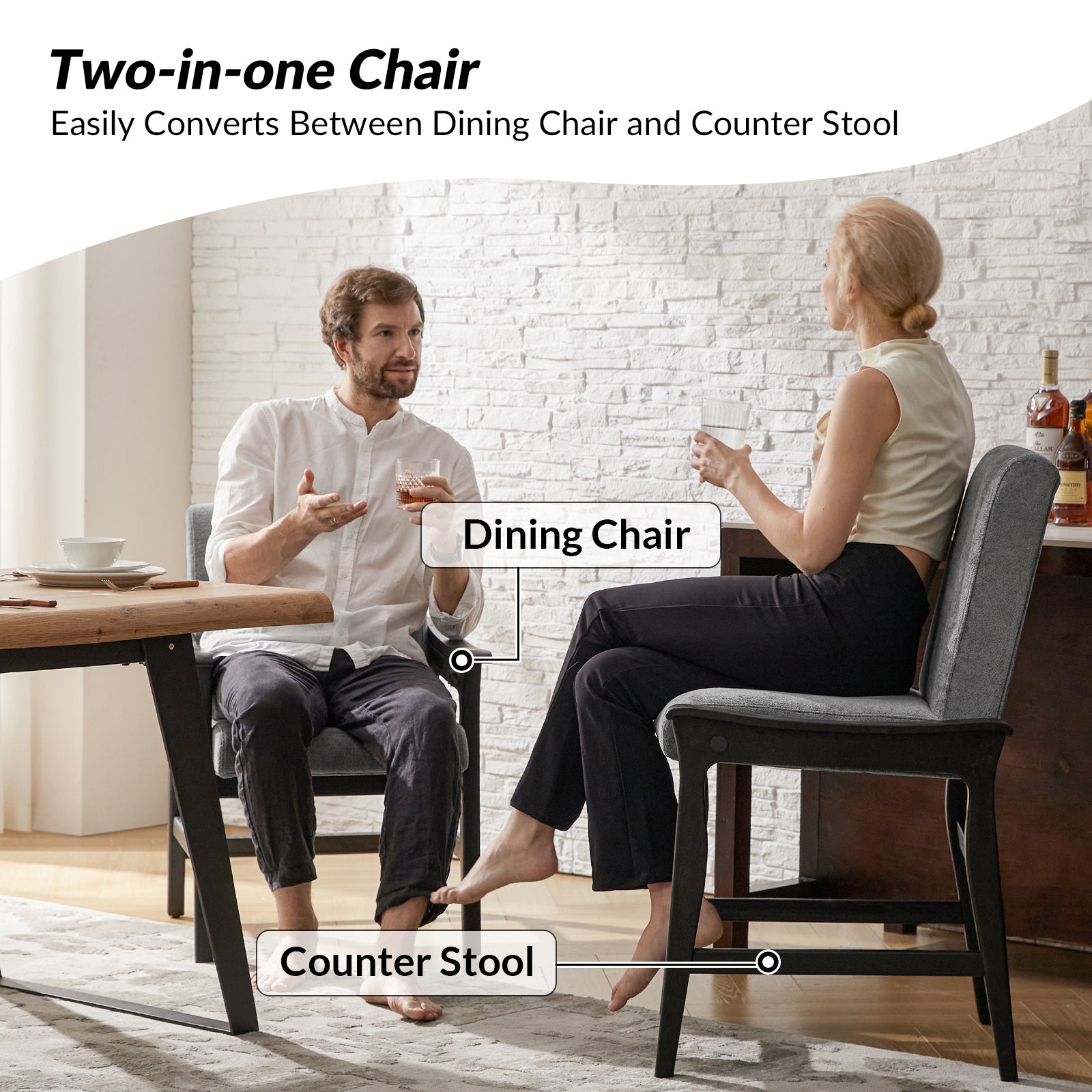 Modern Upholstered Counter Stool with Quick Shift to Dining Chair - Versatile Kitchen Island, Bar & Dining Room Seating for Home & Restaurant Use