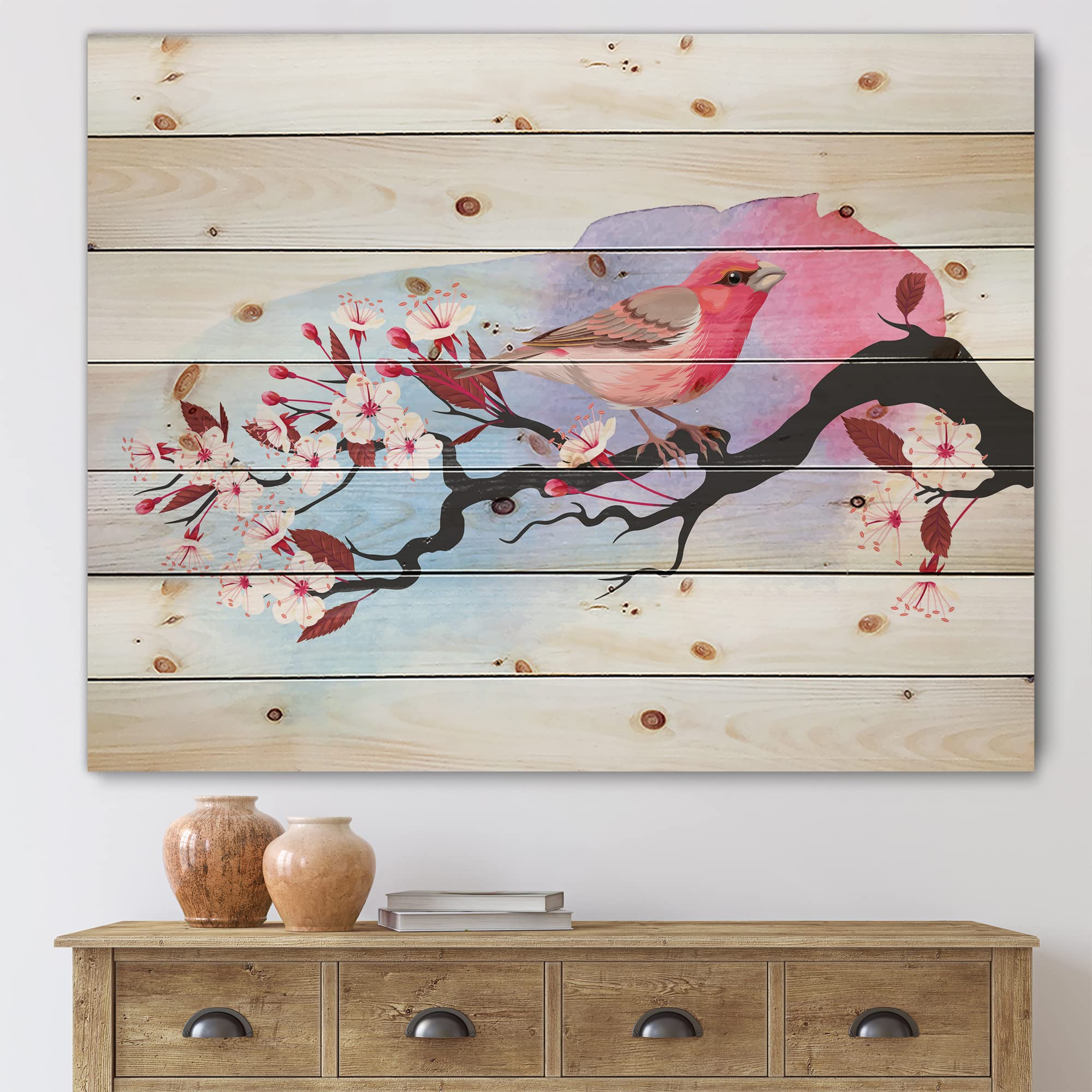 DesignQ Pink Bird on Cherry Branch Traditional Wood Wall Decor - Handcrafted Pink Wood Wall Art, Large Animal Wood Panels Printed on Natural Pine - Perfect for Living Room, Bedroom & Office Decor