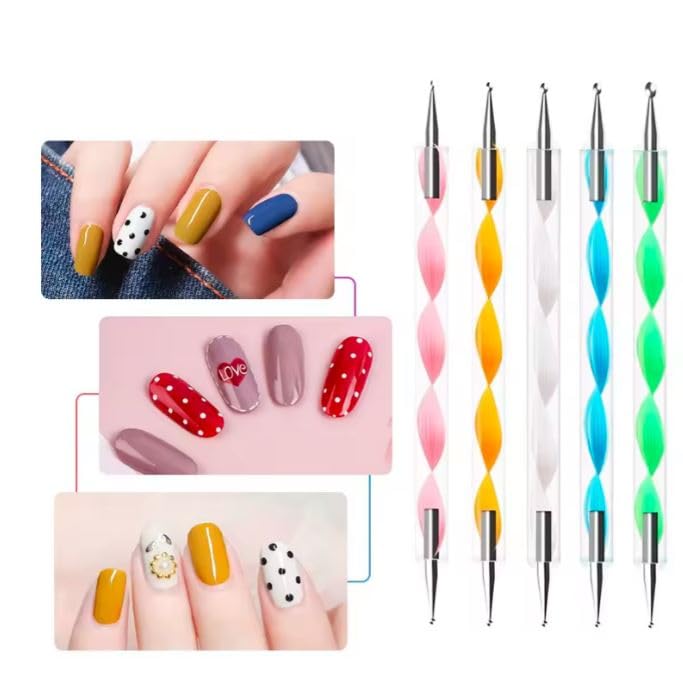 5-Piece Dual-Ended Nail Art Dotting Pen Set - Acrylic Nail Design Tools with 2-Way Dotting Tips & Bonus Nail Buffer - Perfect for DIY Manicures, Salon Nail Art, and Gel Polish Designs