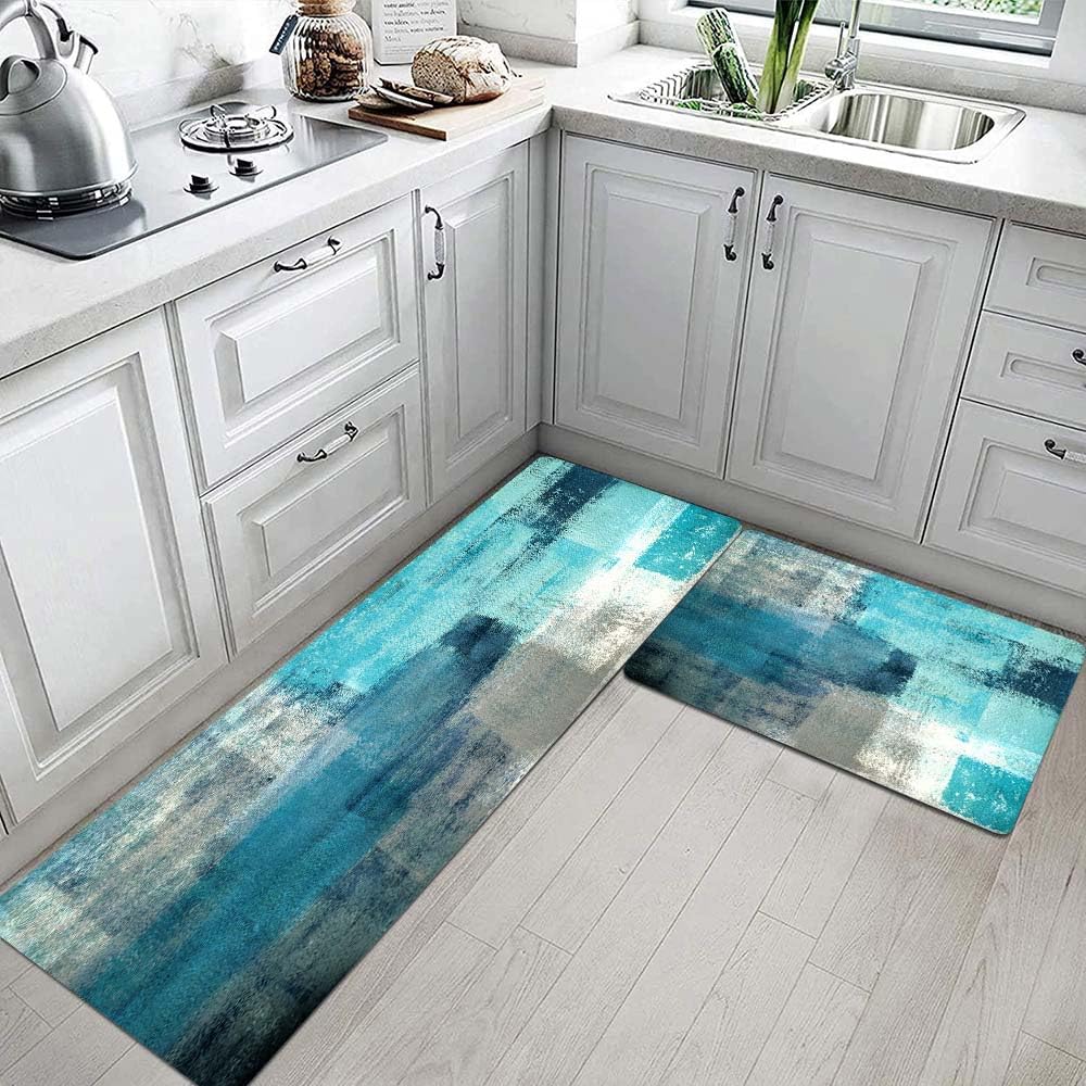 TOMWISH Turquoise Anti-Fatigue Kitchen Rug Set - 2PCS Non-Slip Waterproof PVC Floor Mats, Ergonomic Comfort Standing Mat for Kitchen, Sink, Laundry, and Bathroom Use