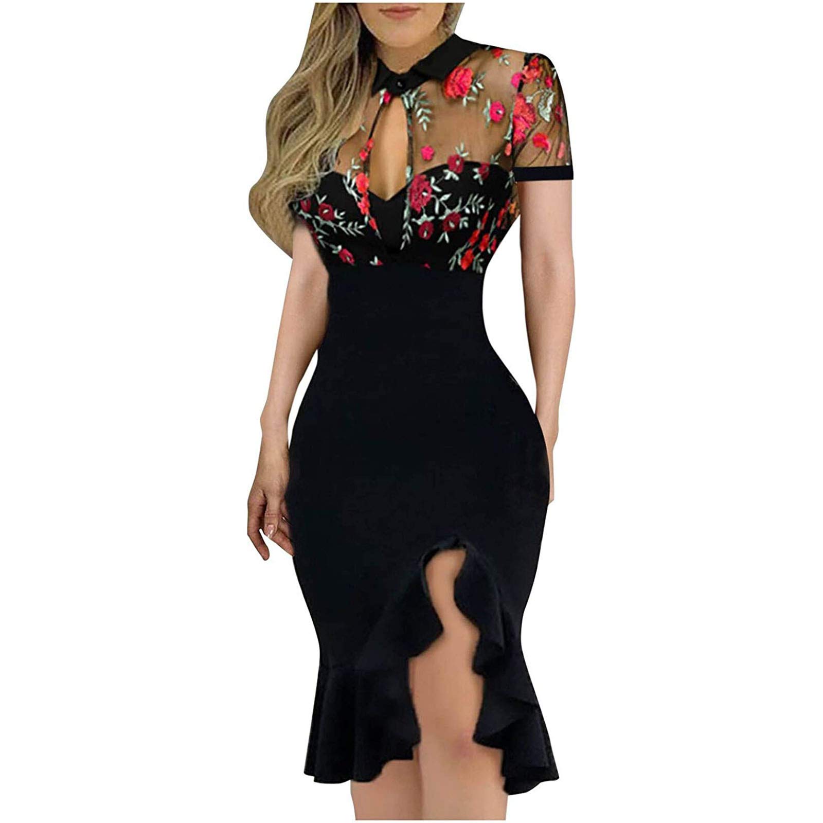 Women's Summer Casual Floral Sundress with Slit Ruffles Hem & Lace Short Sleeve - Perfect for Beach Vacations, Garden Parties & Date Nights
