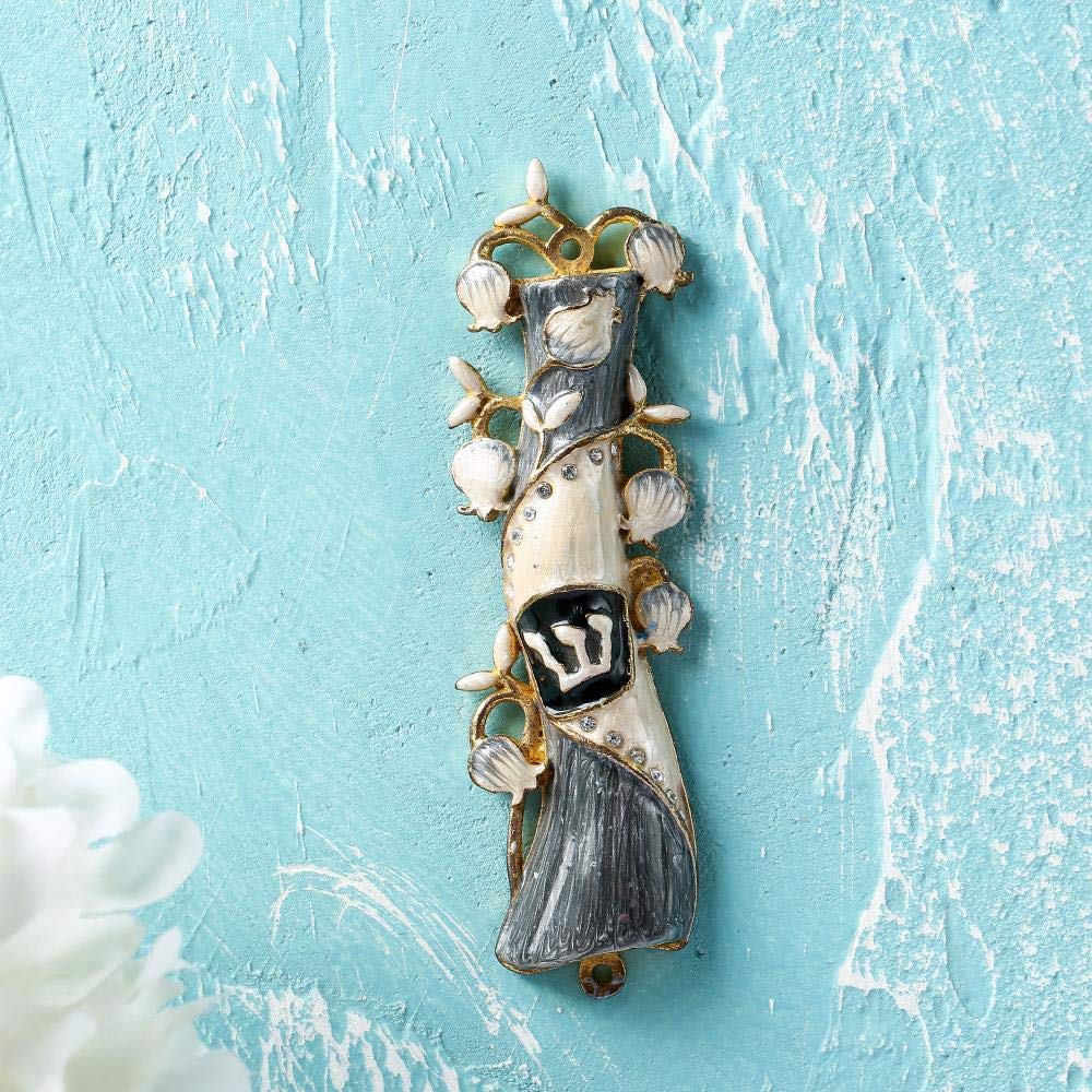 Hand Painted Gold Plated Mezuzah with Crystals - Home Blessing Decor