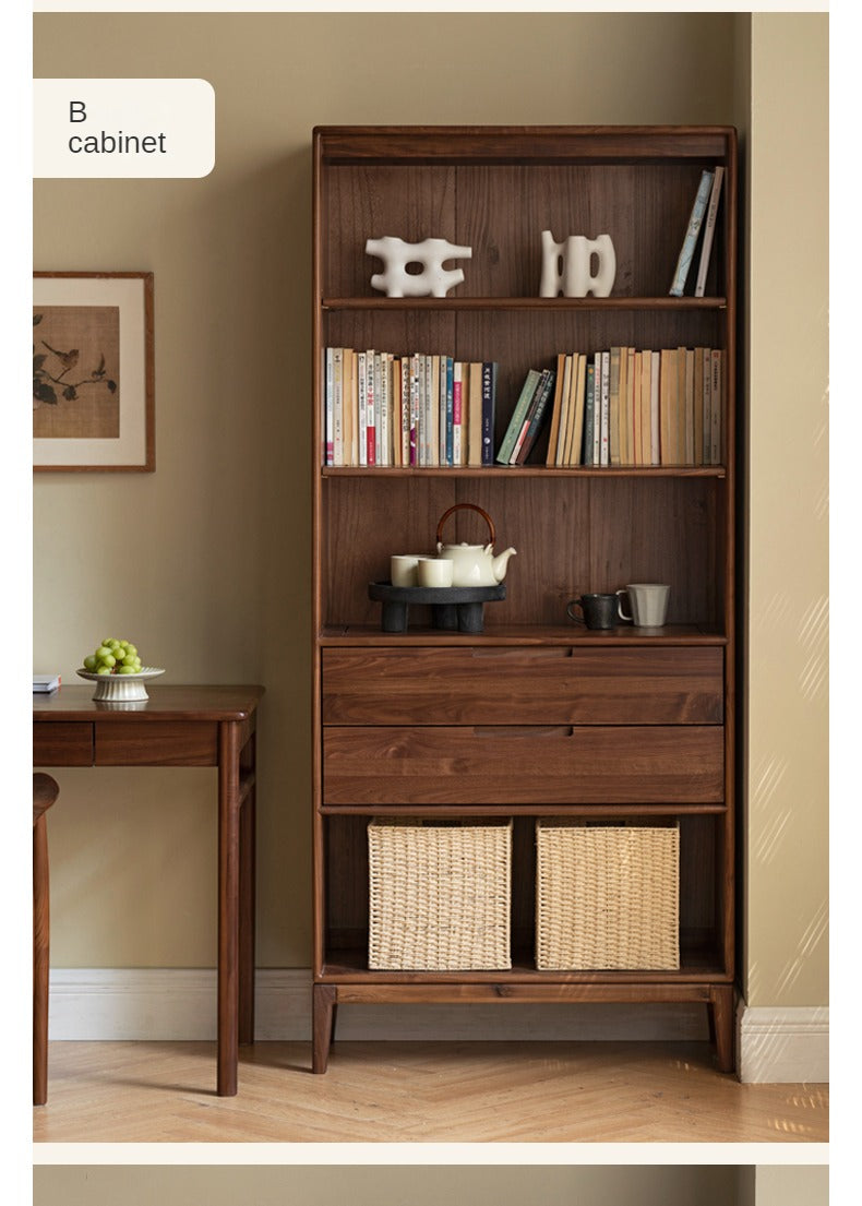 Premium Black Walnut & Ash Solid Wood Bookcase with Dust-Proof Glass Doors - Stylish Home Office & Living Room Storage Solution
