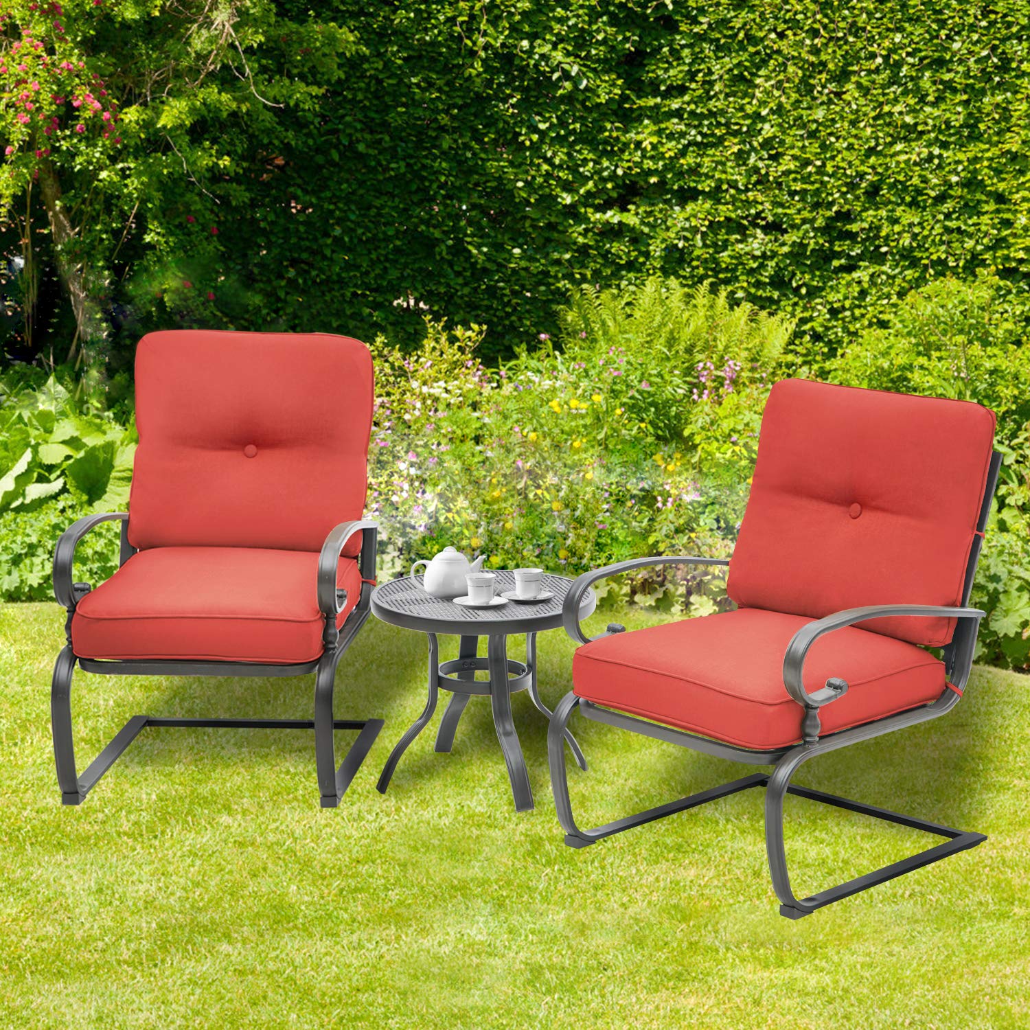 3-Piece Outdoor Bistro Set with Spring Metal Action Lounge Chairs & Round Table - Wrought Iron Cafe Furniture in Red - Perfect for Patio, Garden, and Backyard Relaxation