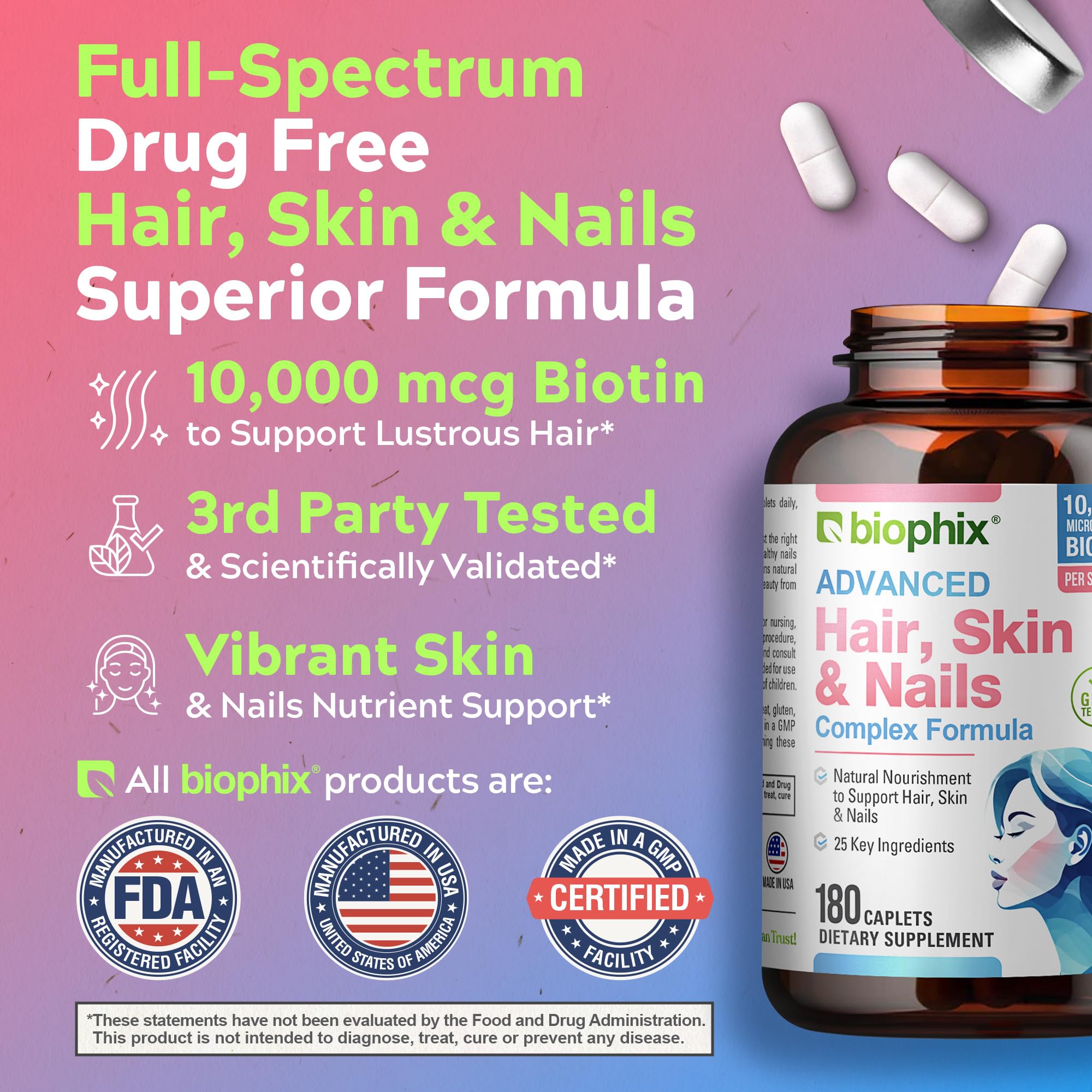 Biophix Hair Skin and Nails Complex 180 Caplets with 10,000 mcg Biotin - Multivitamin Supplement for Strong Nails, Healthy Hair & Skin, Anti-Aging Support - Perfect for Daily Beauty & Wellness Routine