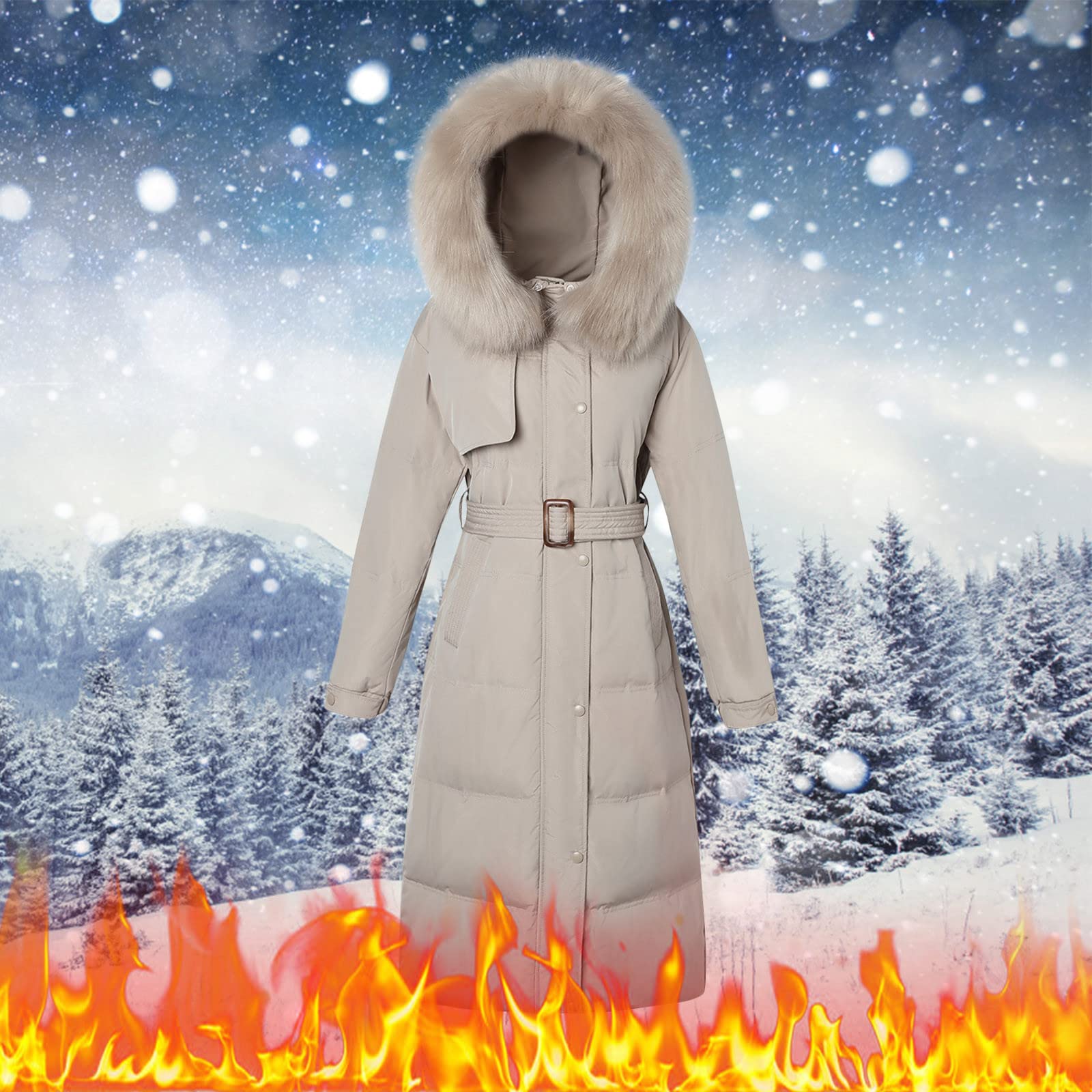 Women's Lightweight Puffer Jacket - Mid-Length Cotton Padded Coat with Fur Hood, Long Sleeve Winter Outerwear in Khaki | Perfect for Cold Weather, Outdoor Activities & Daily Commute