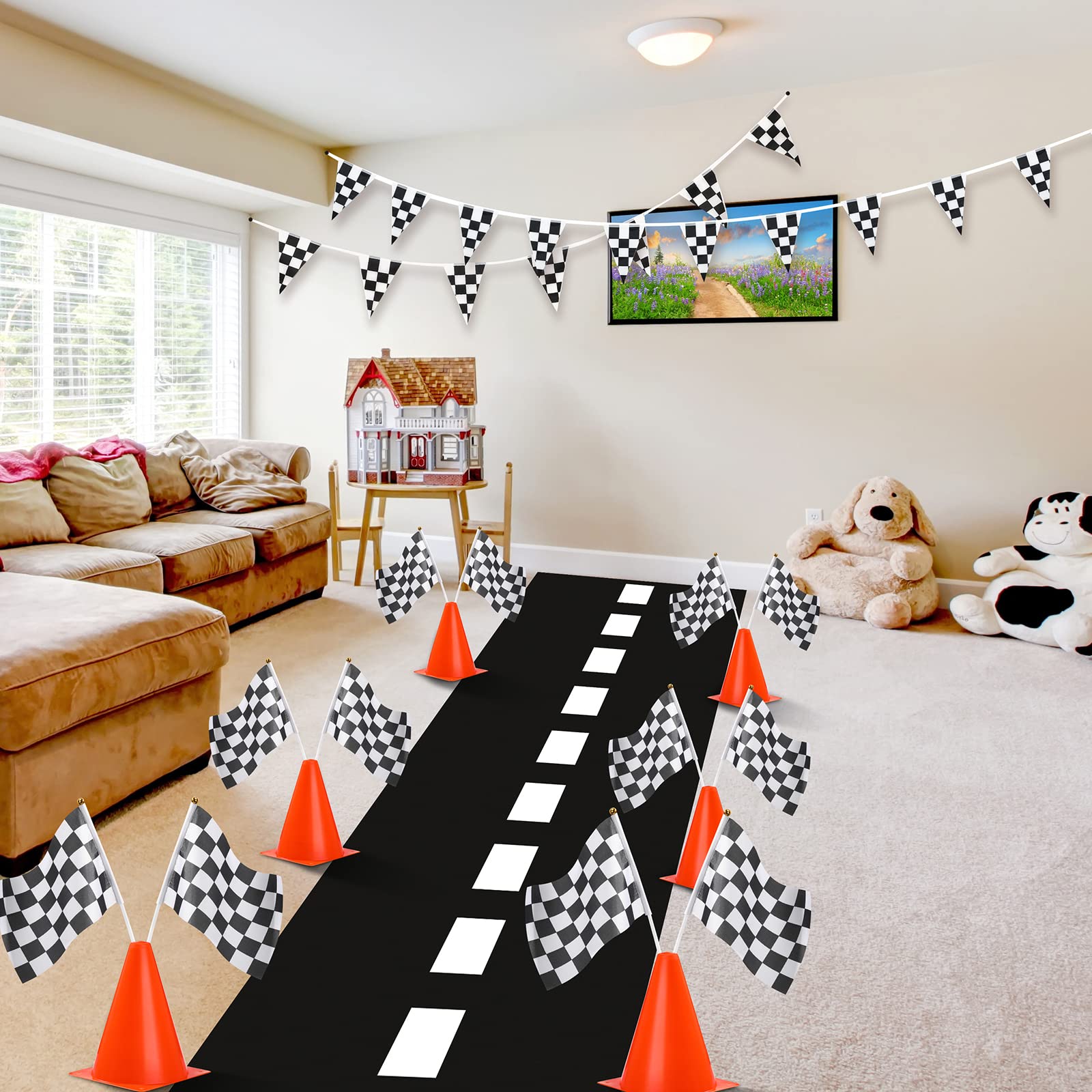 Skylety 12-Piece Traffic Cones & Racing Flags Set - Includes 12 Plastic Safety Cones, 12 Checkered Race Flags with Poles, 31ft Checkered Pennant Banner & 9.8x2ft Race Track Floor Mat - Perfect for Kids' Racing Games, Sports Events & Outdoor Activities
