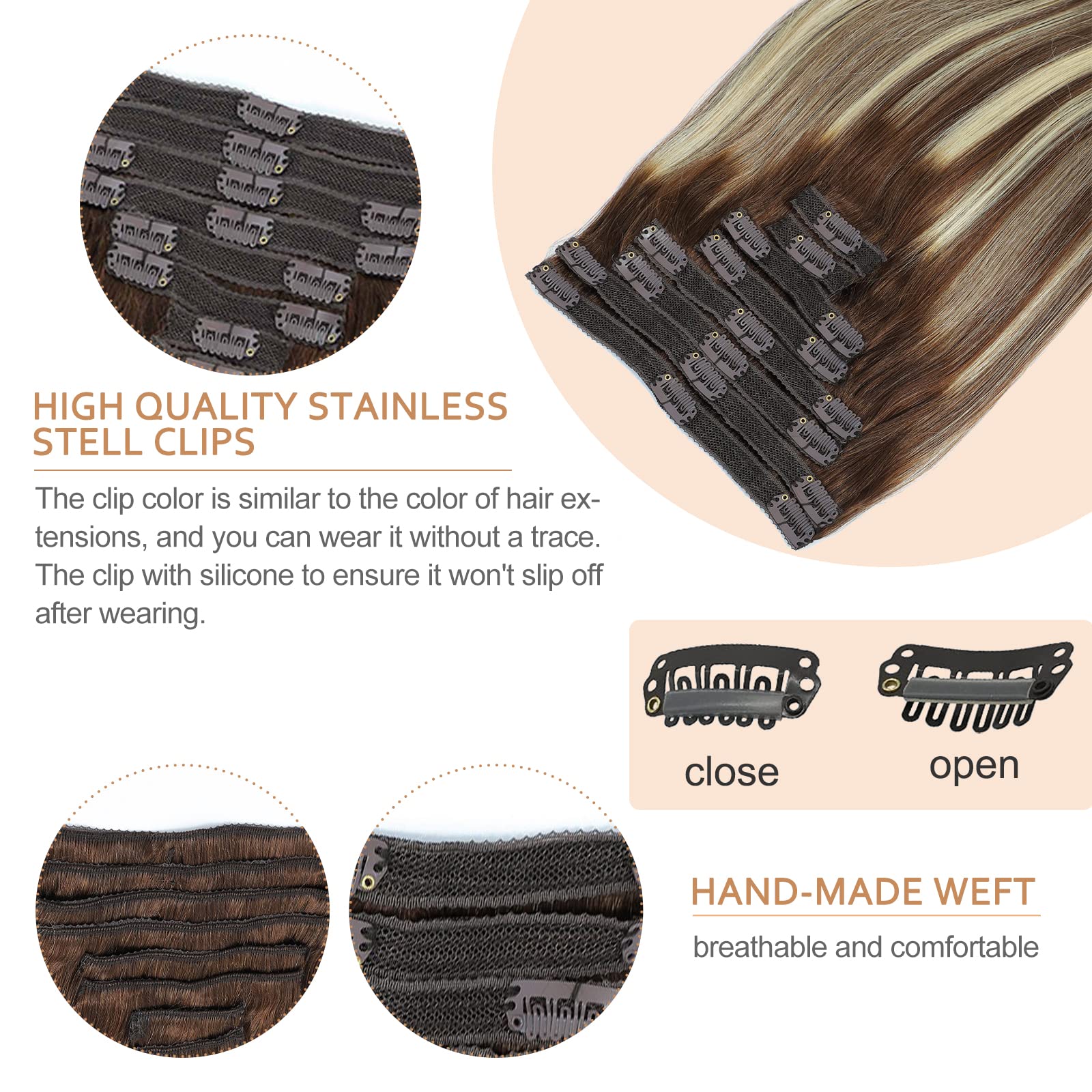 120g Remy Human Hair Clip-in Extensions - Balayage Chocolate Brown & Blonde Mix - 8pcs (4/613, 22inch) - Natural Look for Daily Wear, Parties & Special Occasions