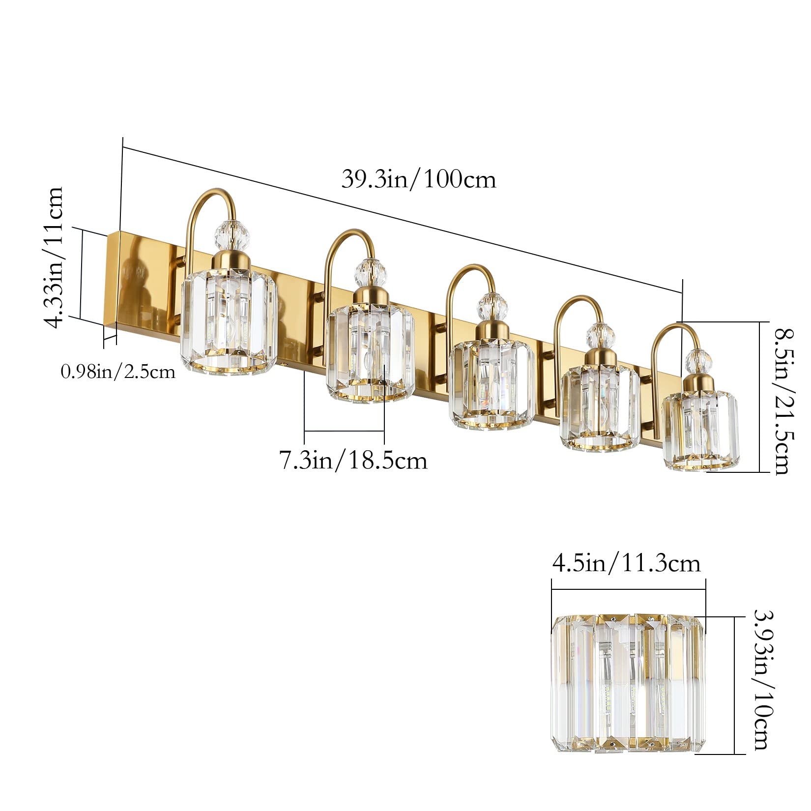 Ralbay 5-Light Crystal Bathroom Vanity Light Fixture - Gold Brass Modern Wall Sconce with Clear Crystals for Mirror Lighting - Perfect for Master Bath, Powder Room & Spa Decor