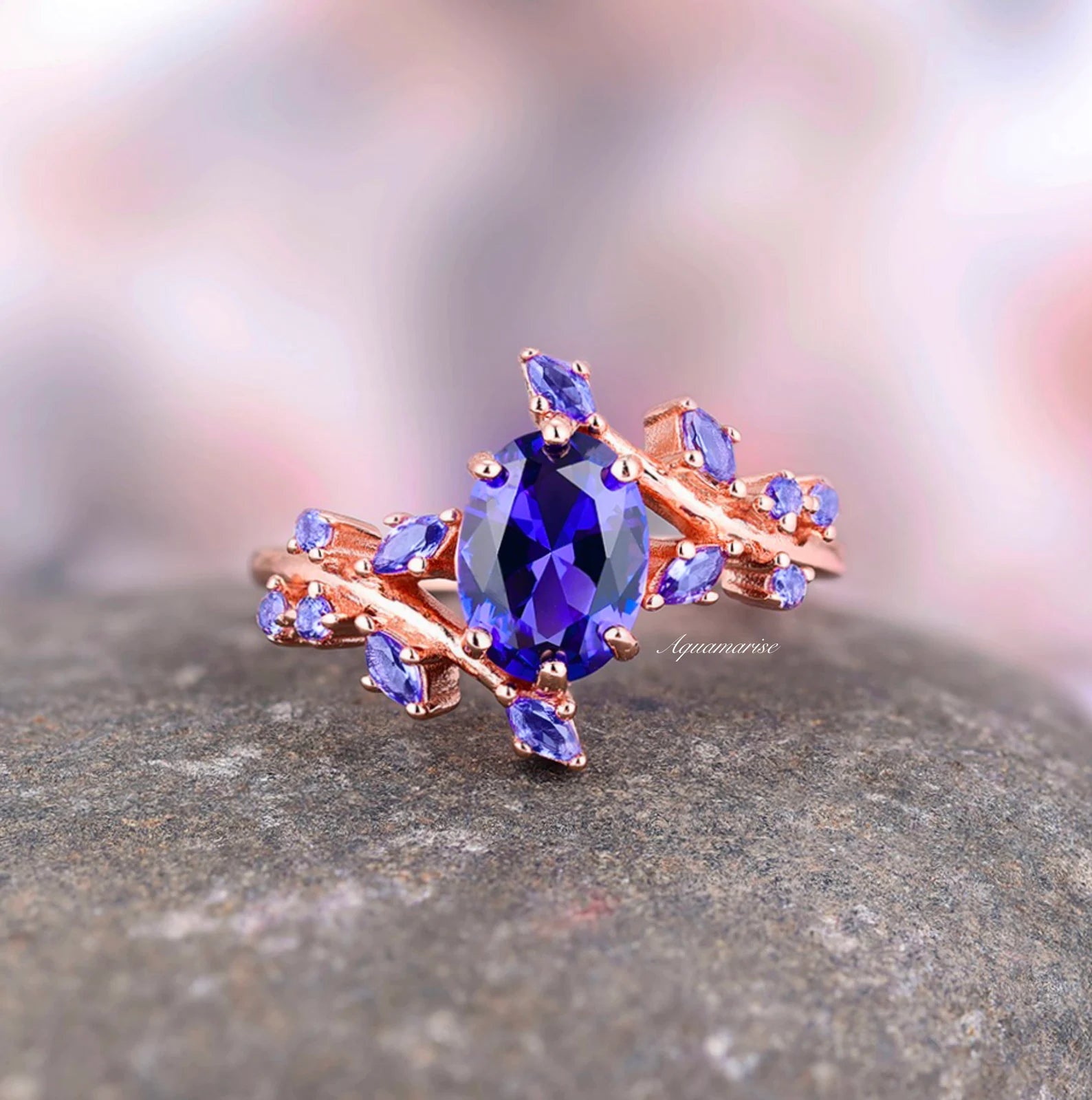 Orion Nebula & Cornflower Sapphire Leaf Couples Ring - Matching Wedding Bands, Celestial Inspired Jewelry for Anniversaries & Romantic Gifts