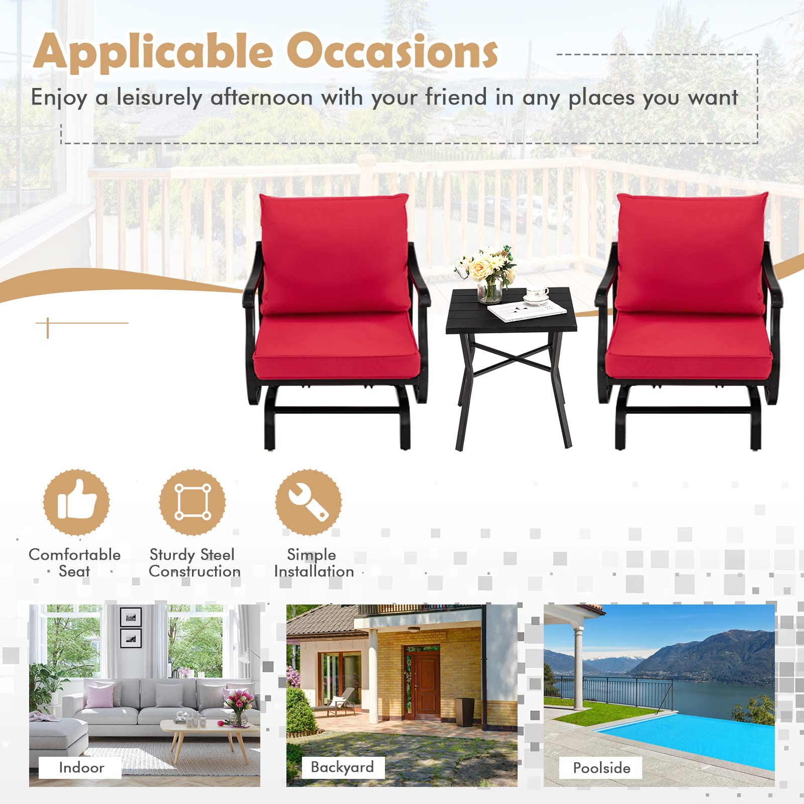 Giantex 3-Piece Outdoor Bistro Set with Rocking Chairs & Coffee Table - Steel Patio Rockers, Gliding Front Porch Furniture for Yard, Poolside, Deck, Garden (Red) | Perfect for Relaxing in Backyard, Balcony or Outdoor Entertaining