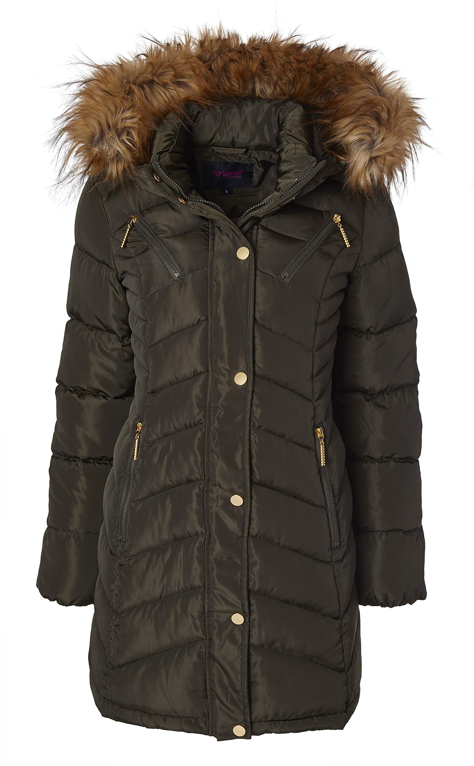 Sportoli Women's Long Quilted Down Alternative Puffer Jacket with Plush Lining & Fur Trim Hood - Warm Winter Coat for Outdoor Activities, Skiing, and Casual Wear