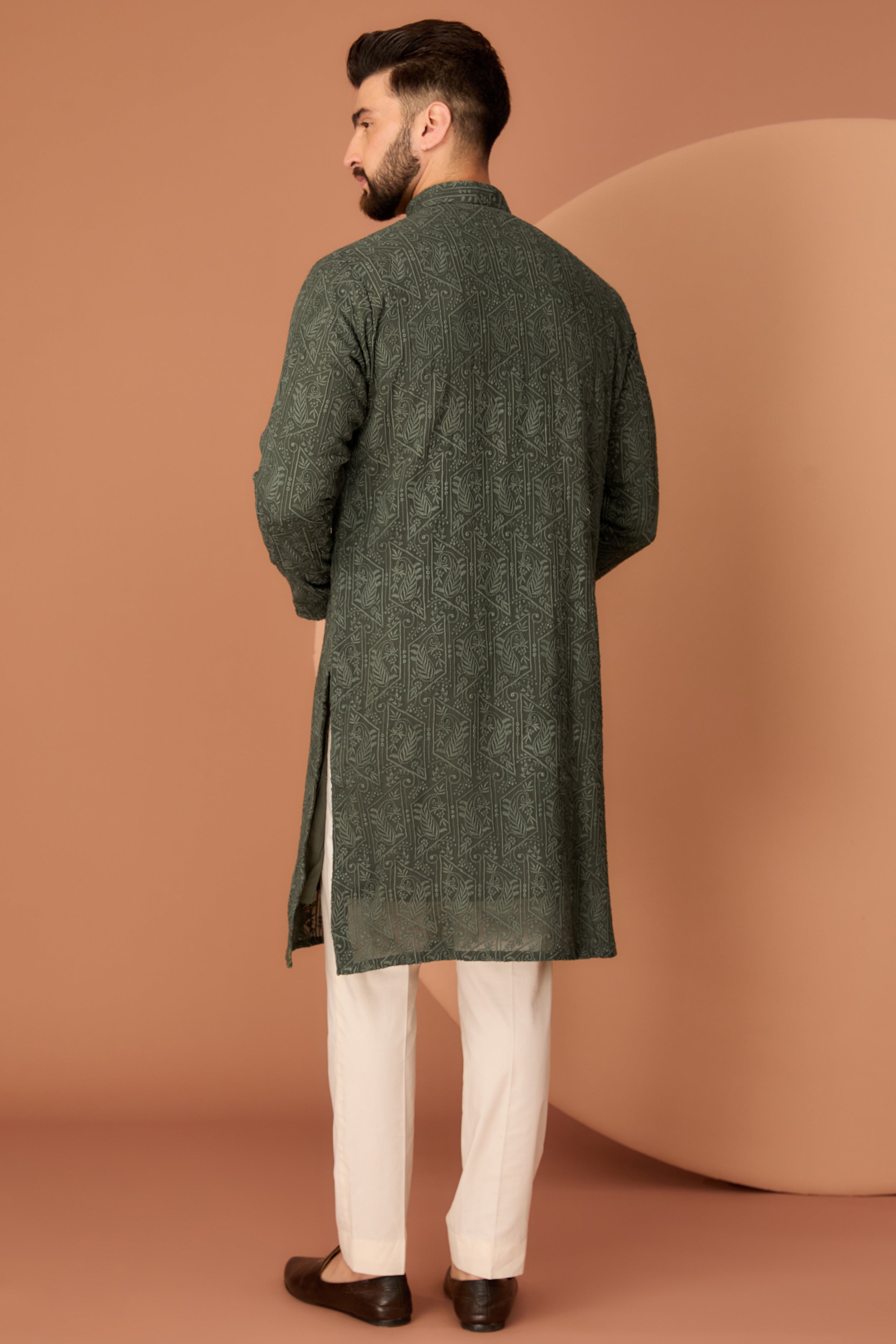 Stylish Military Green Chikankari Kurta with Paisley Embroidery – Perfect for Ethnic Wear, Festivals & Special Occasions
