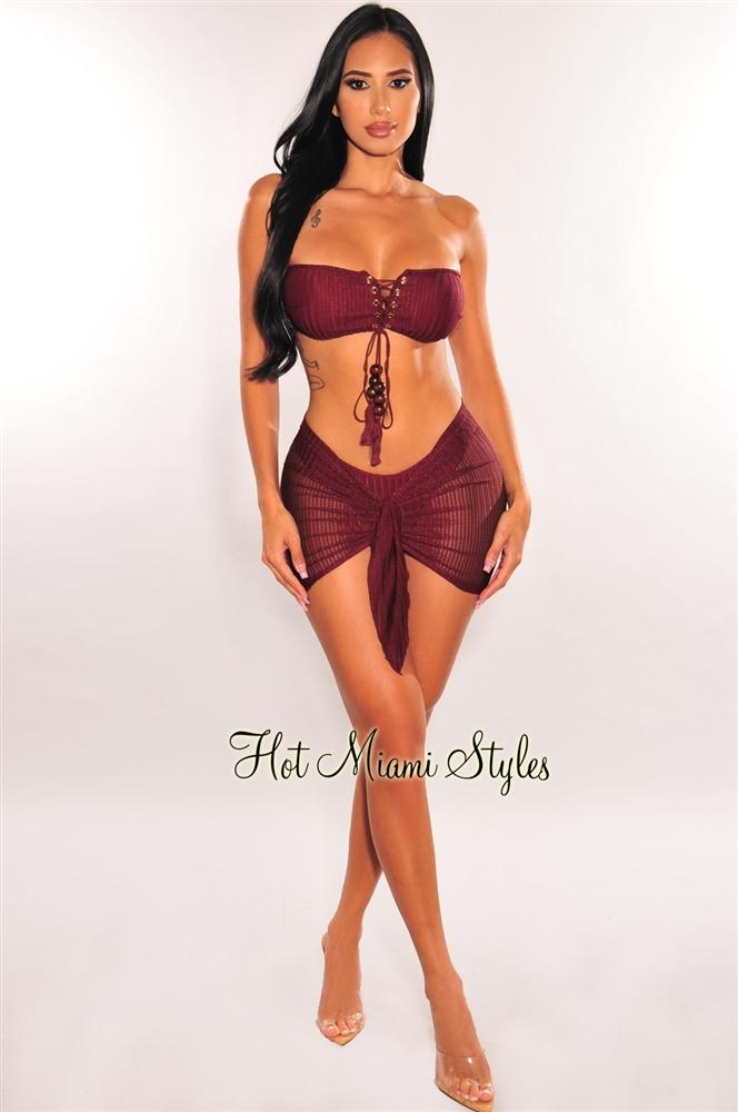 Sexy Crochet Bandeau Bikini Set with Lace-Up Top & Tie-Up Skirt - 3 Piece Swimsuit for Women | Perfect for Beach Vacation, Pool Party & Summer Getaways