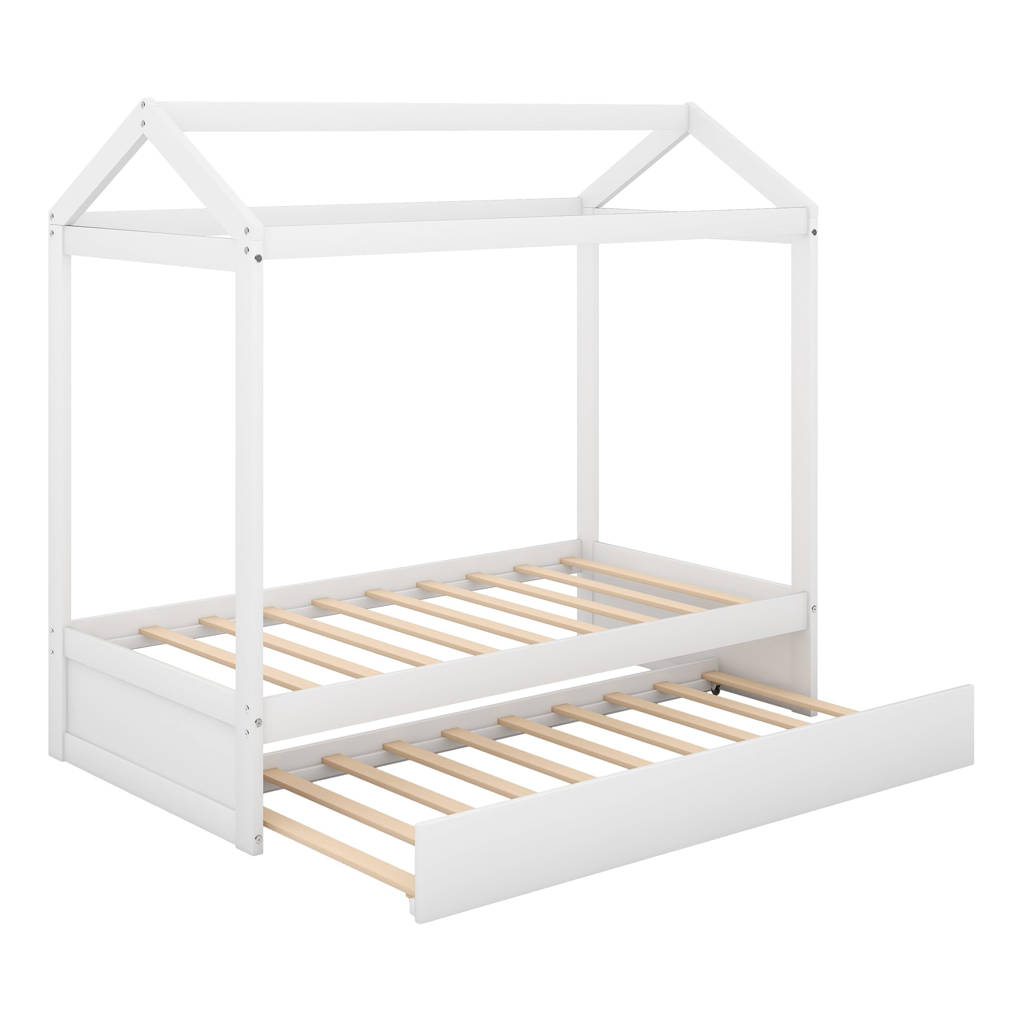 Merax Twin Size Wooden House Bunk Bed with Trundle & Support Legs - Convertible Kids Bed for Boys & Girls (White) | Perfect for Small Bedrooms, Sleepovers & Space-Saving Kids' Room Decor